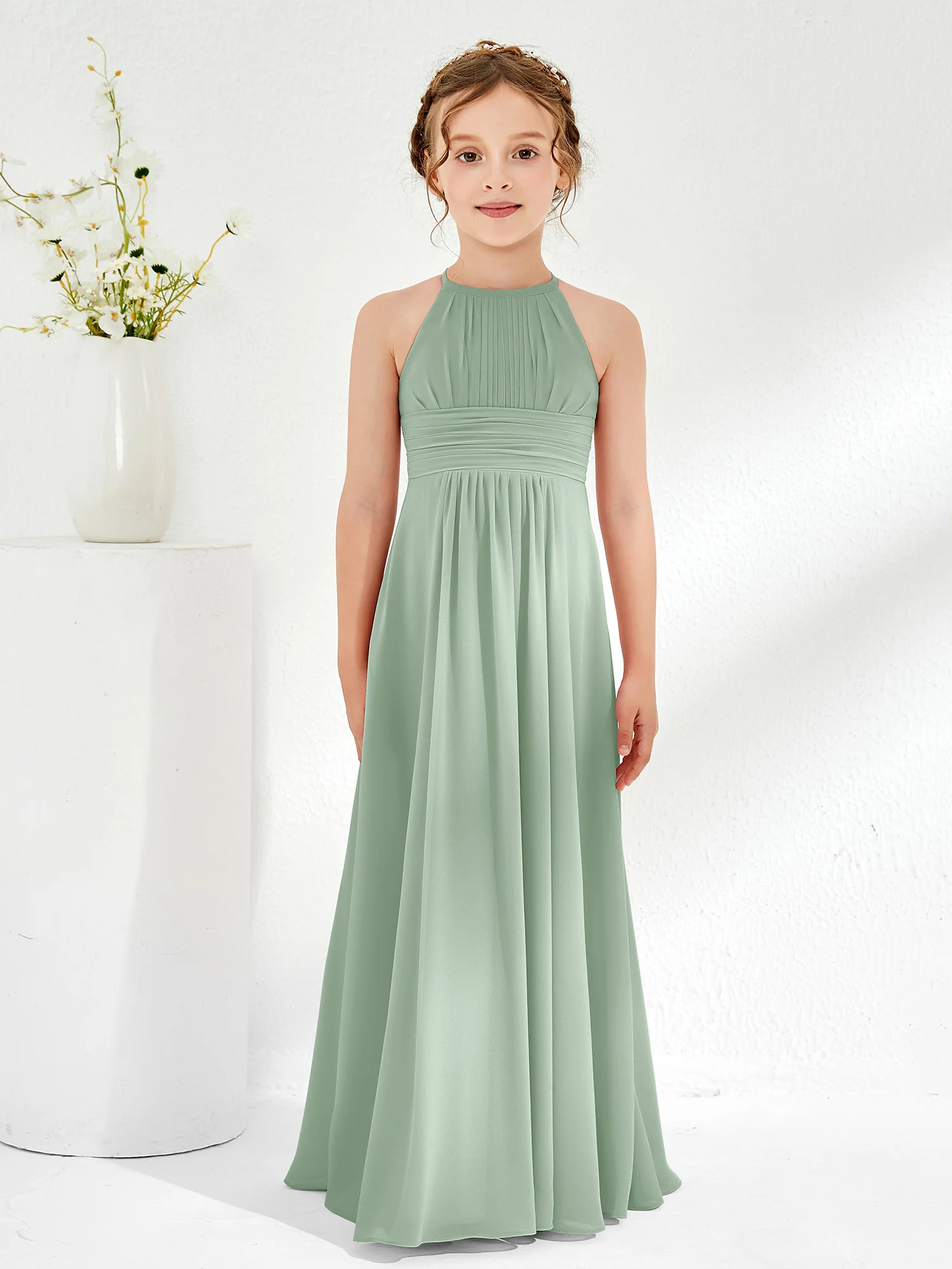 Halter Chiffon Junior Bridesmaid Dresses Agave
