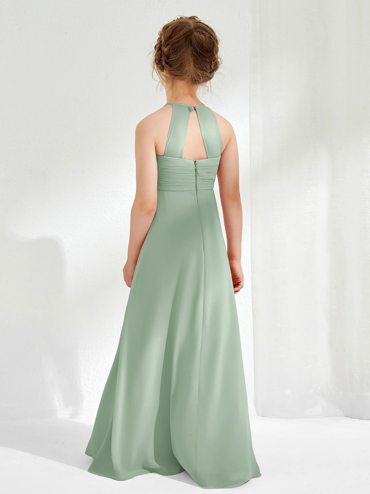 Halter Chiffon Junior Bridesmaid Dresses Agave - Image 2