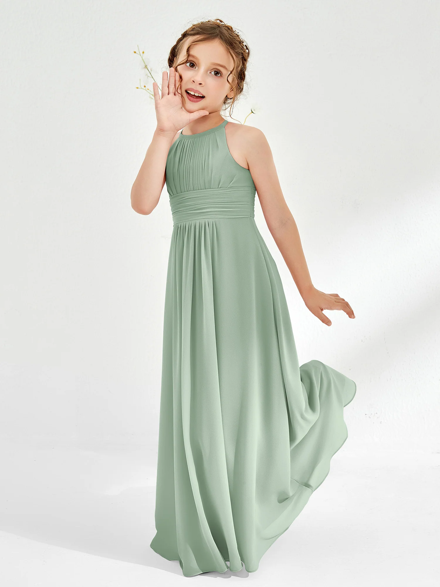 Halter Chiffon Junior Bridesmaid Dresses Agave - Image 3