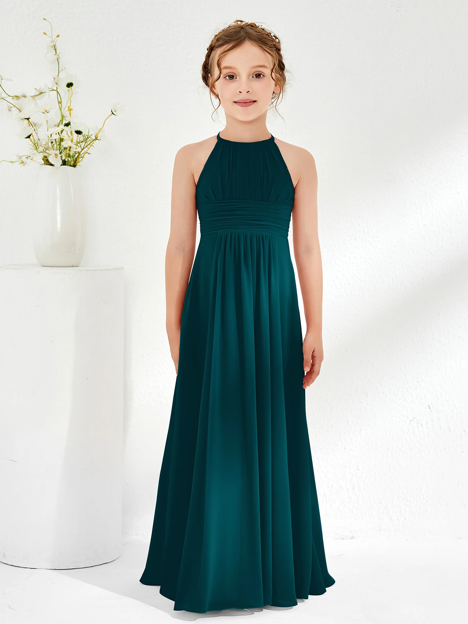 Halter Chiffon Junior Bridesmaid Dresses Pine