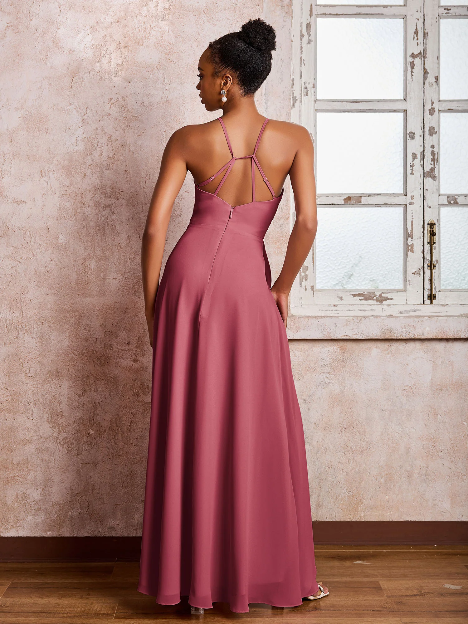 Halter Criss-Cross Straps Ruffles Chiffon Bridesmaid Dresses Cinnamon Rose - Image 2
