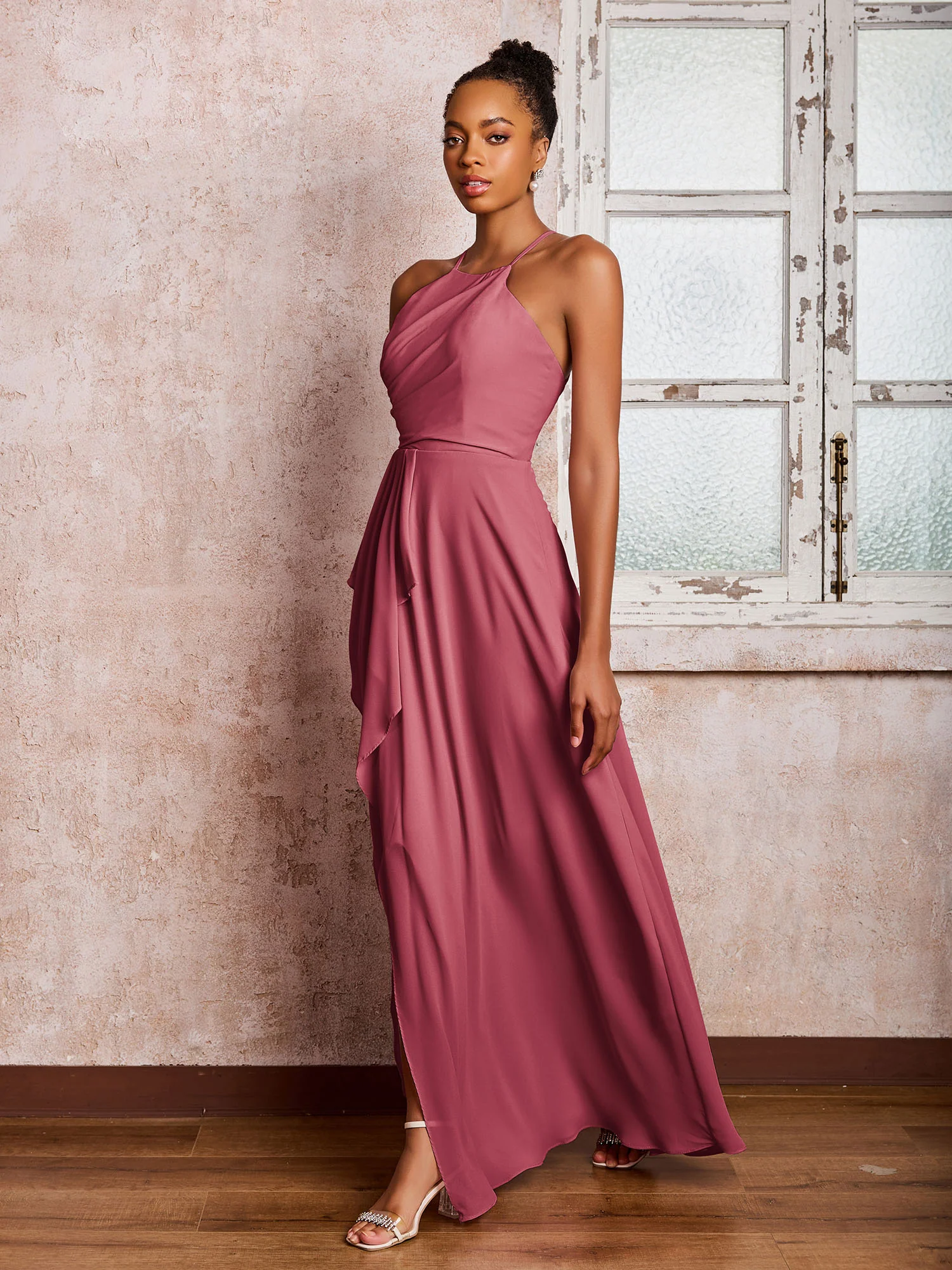Halter Criss-Cross Straps Ruffles Chiffon Bridesmaid Dresses Cinnamon Rose - Image 3