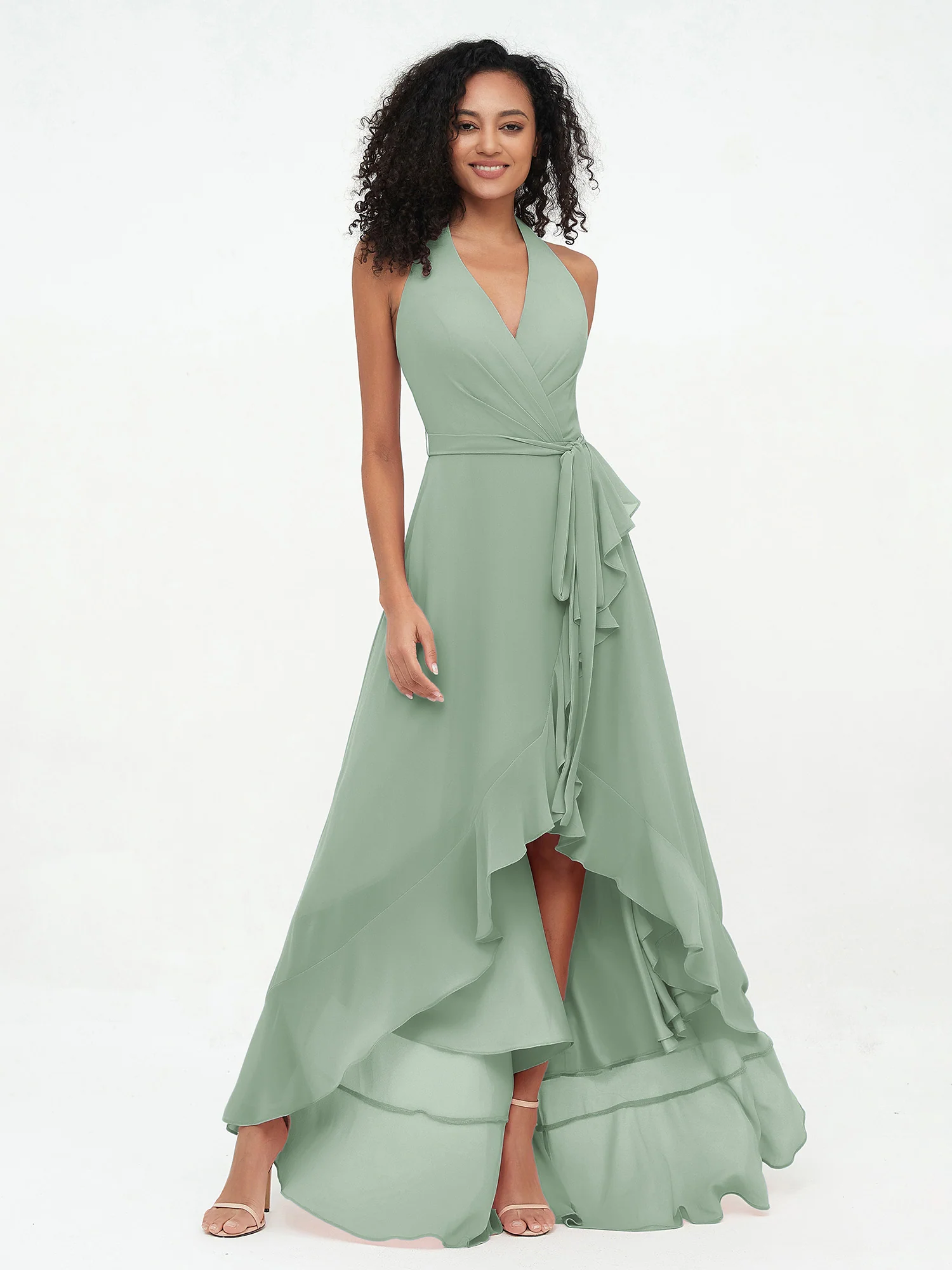Halter Deep-V Neck Chiffon Asymmetrical Dresses-Agave