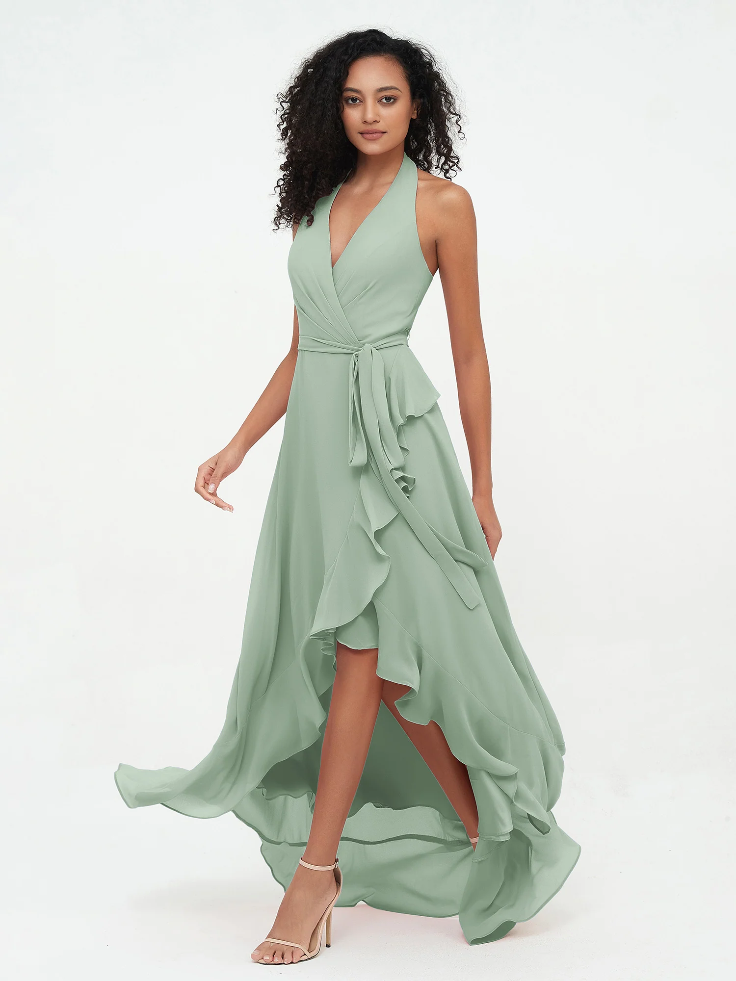 Halter Deep-V Neck Chiffon Asymmetrical Dresses-Agave - Image 3