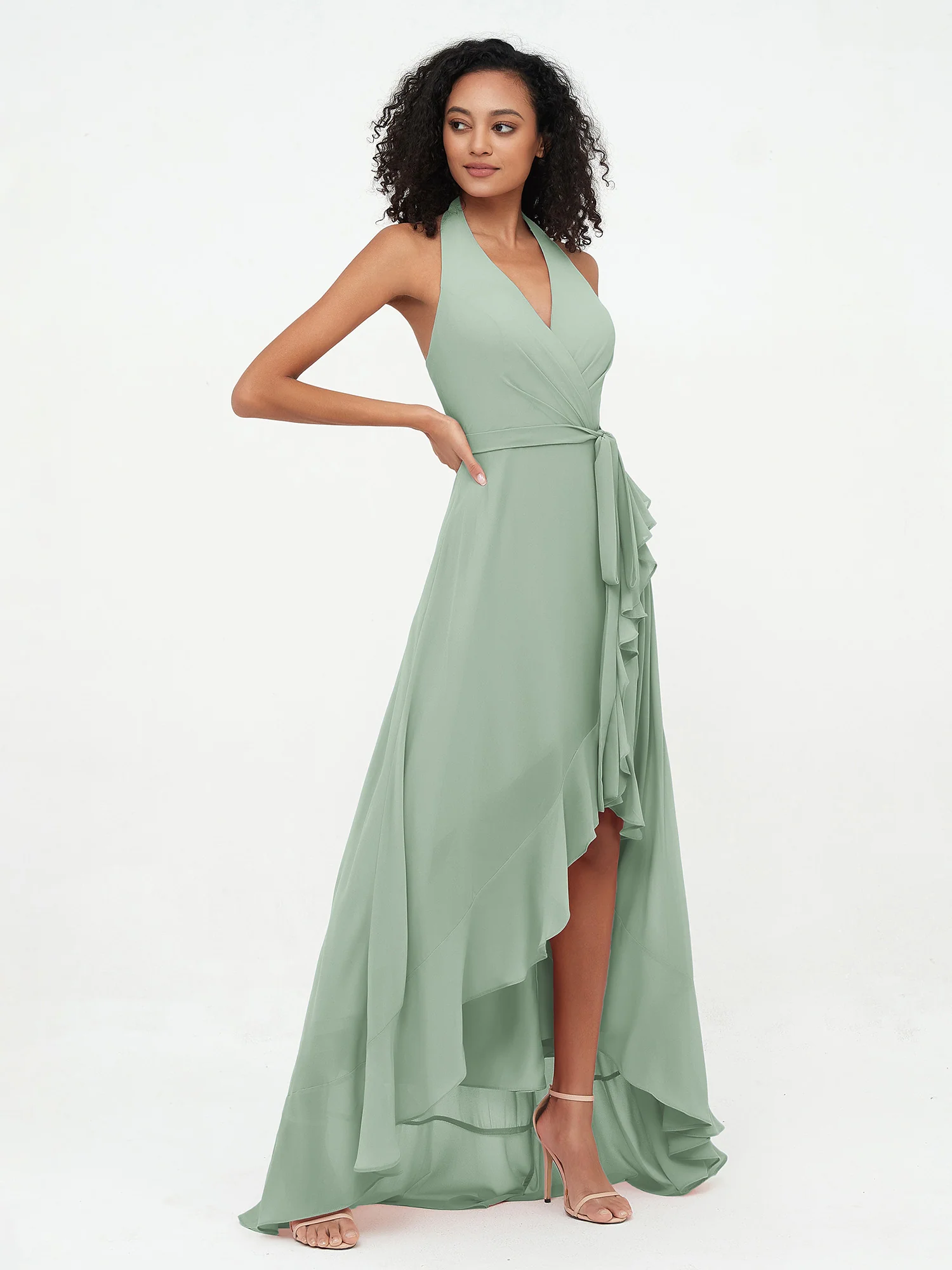 Halter Deep-V Neck Chiffon Asymmetrical Dresses-Agave - Image 4