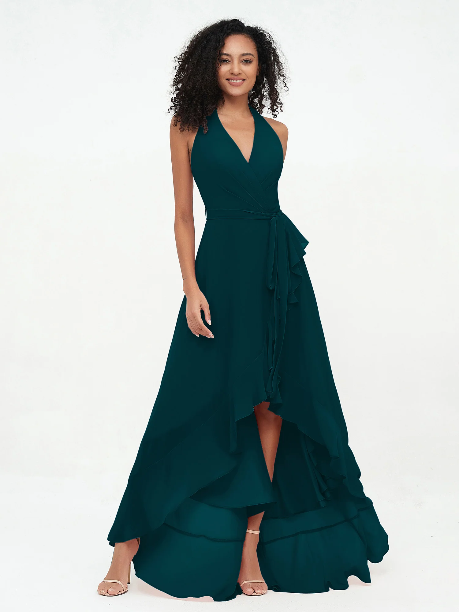 Halter Deep-V Neck Chiffon Asymmetrical Dresses-Pine