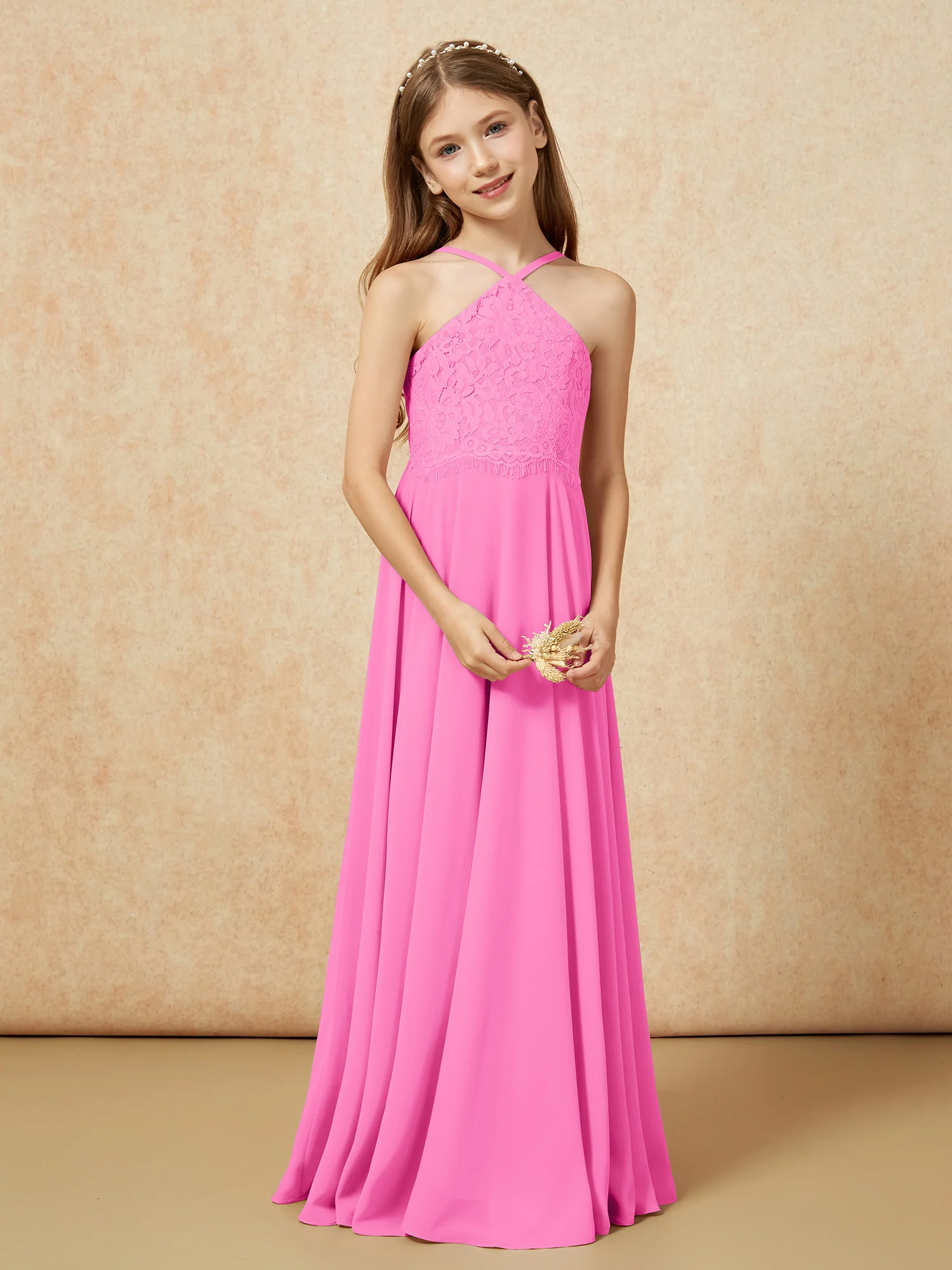 Halter Lace Top Long Chiffon Junior Bridesmaid Dress Azalea - Image 5