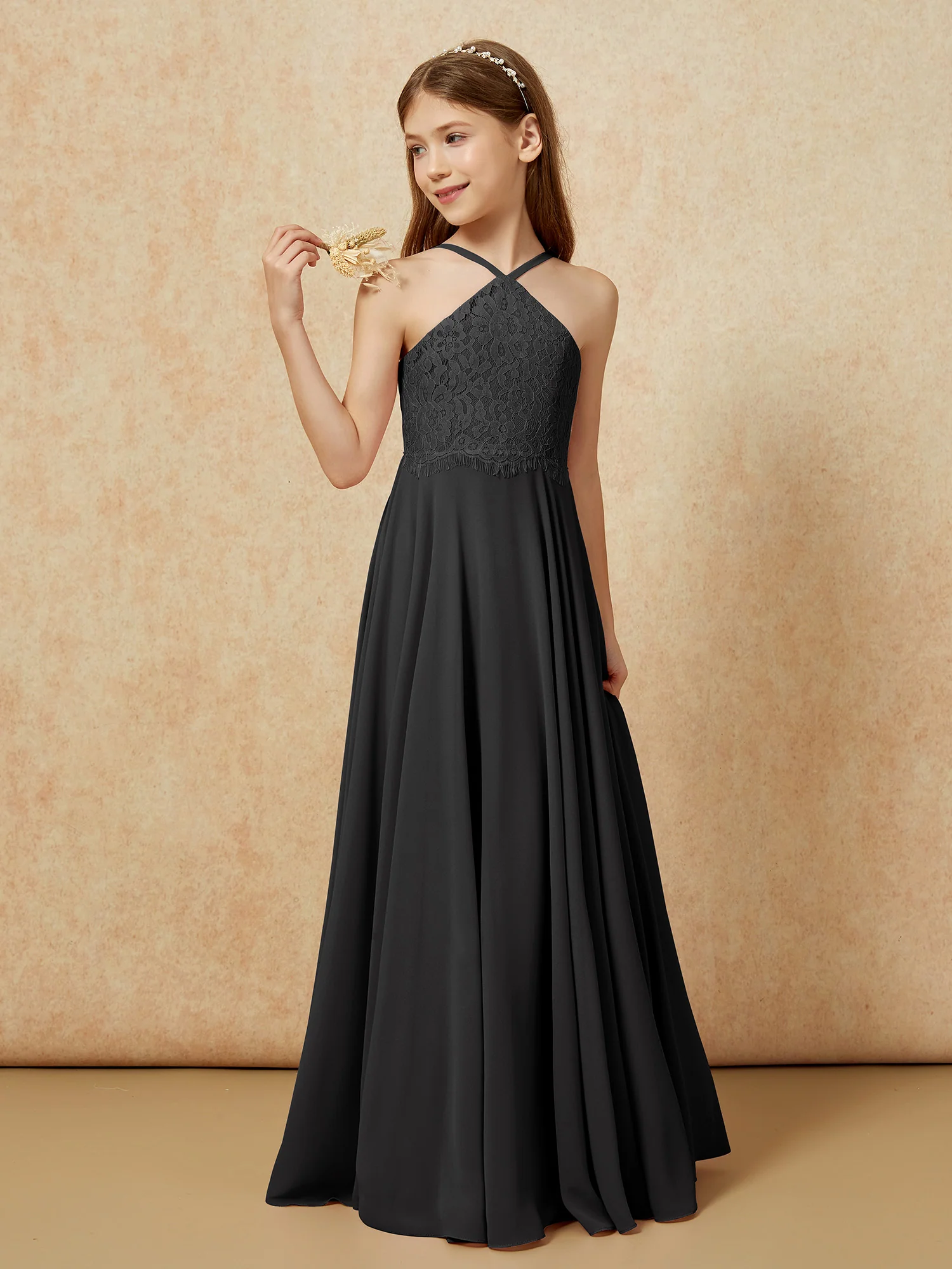 Halter Lace Top Long Chiffon Junior Bridesmaid Dress Black - Image 3