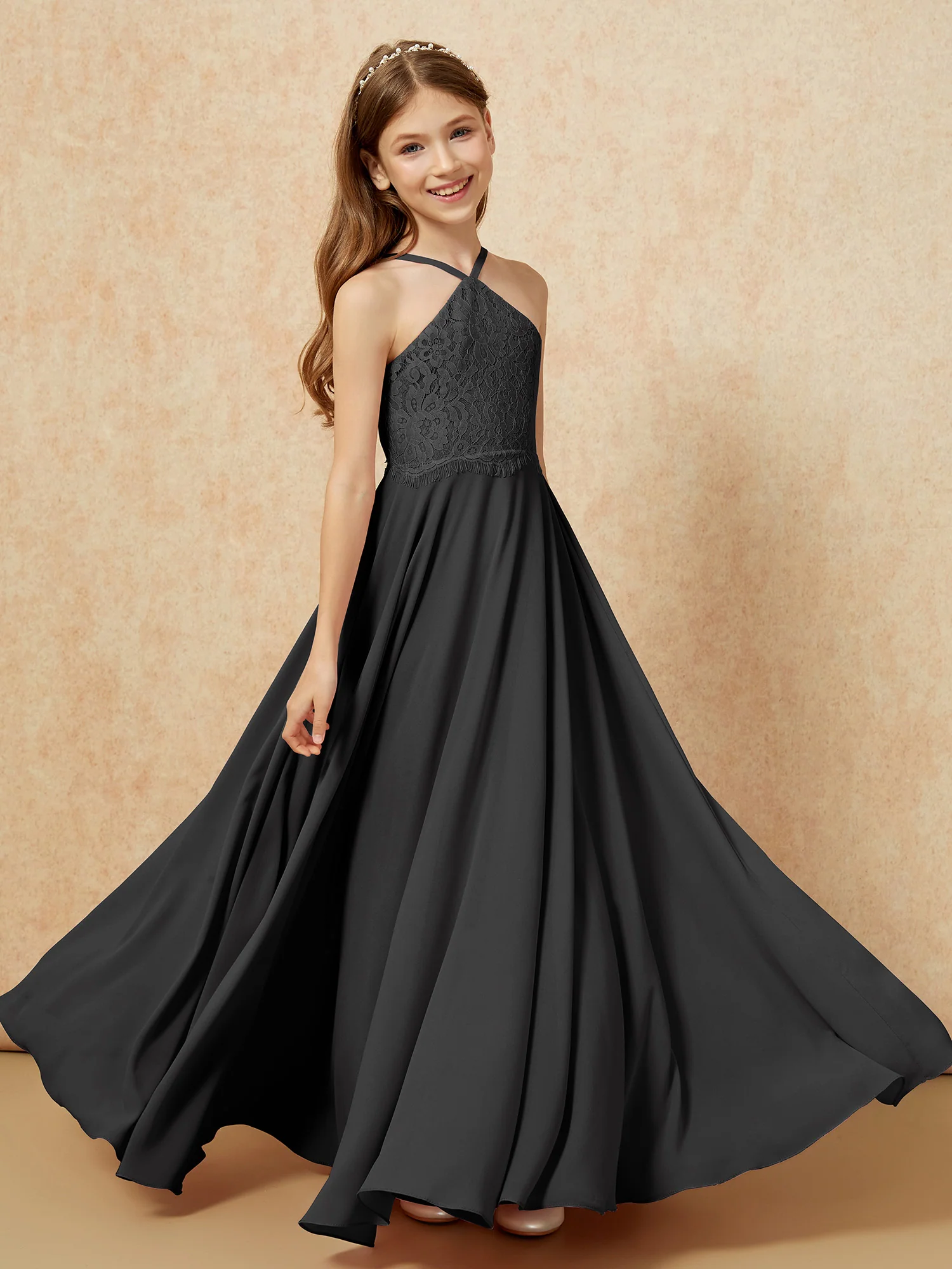 Halter Lace Top Long Chiffon Junior Bridesmaid Dress Black - Image 4