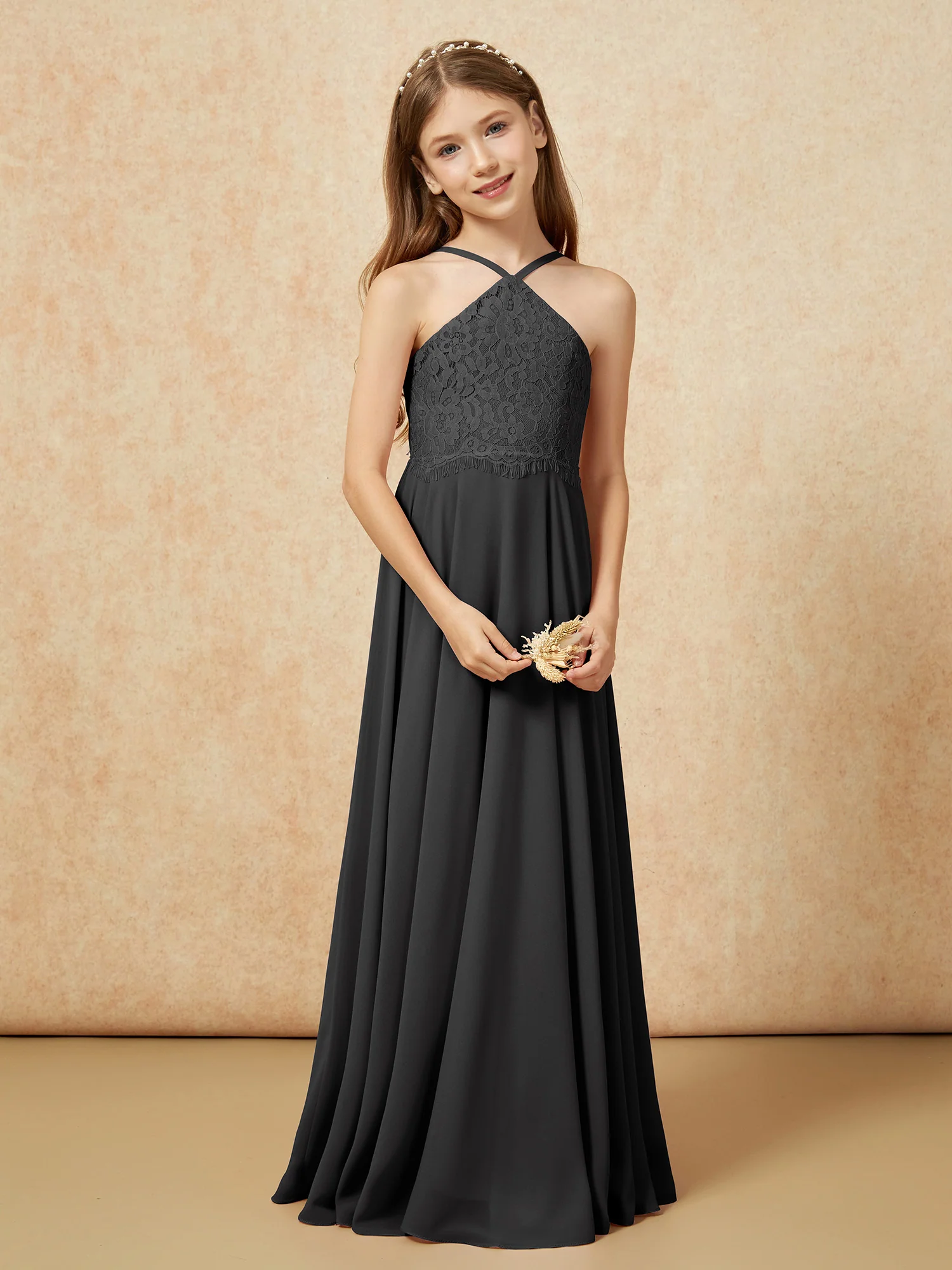Halter Lace Top Long Chiffon Junior Bridesmaid Dress Black - Image 5