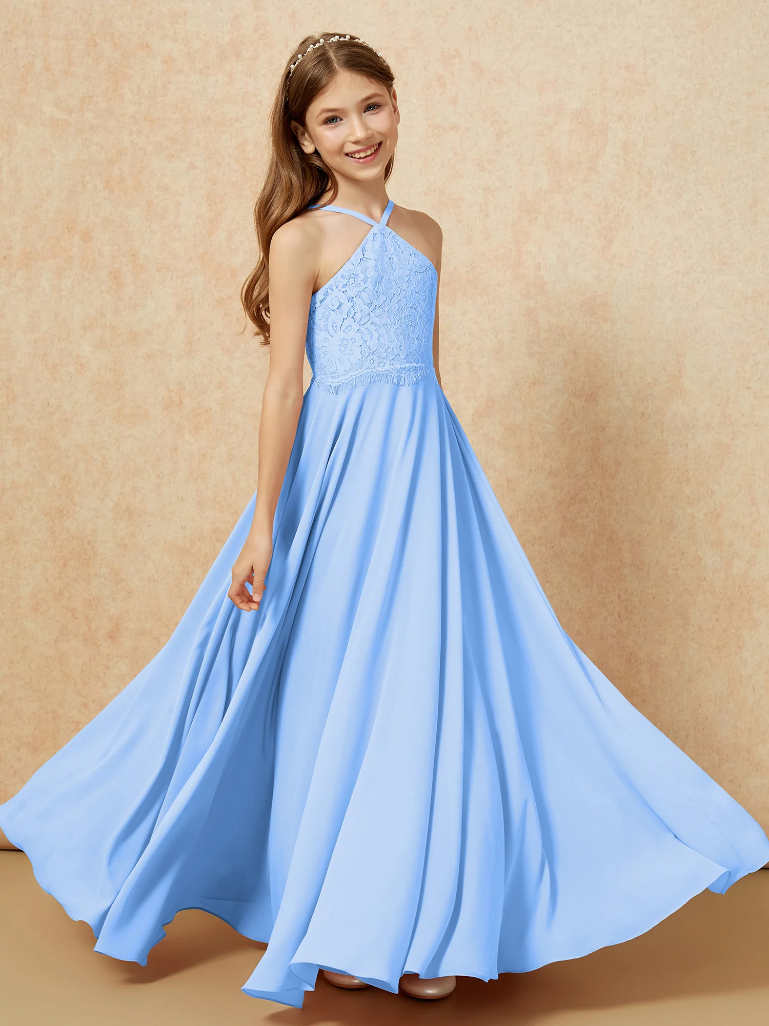 Halter Lace Top Long Chiffon Junior Bridesmaid Dress Blue - Image 4