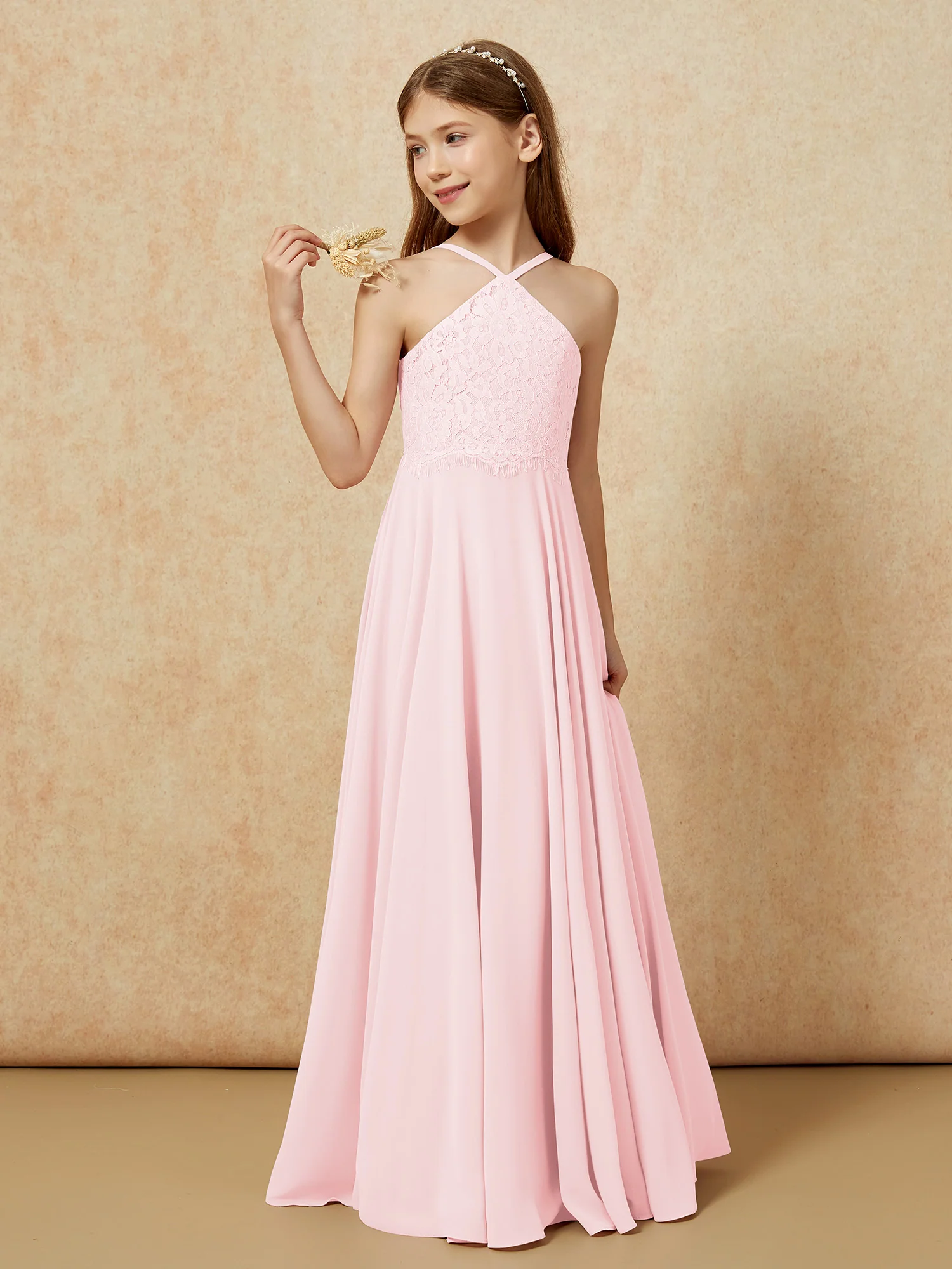 Halter Lace Top Long Chiffon Junior Bridesmaid Dress Blushing Pink - Image 3