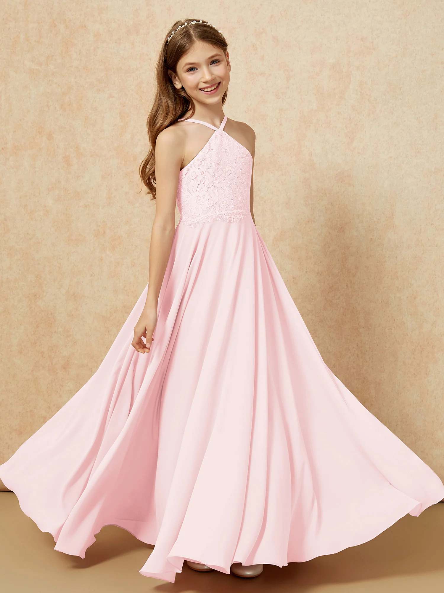 Halter Lace Top Long Chiffon Junior Bridesmaid Dress Blushing Pink - Image 4