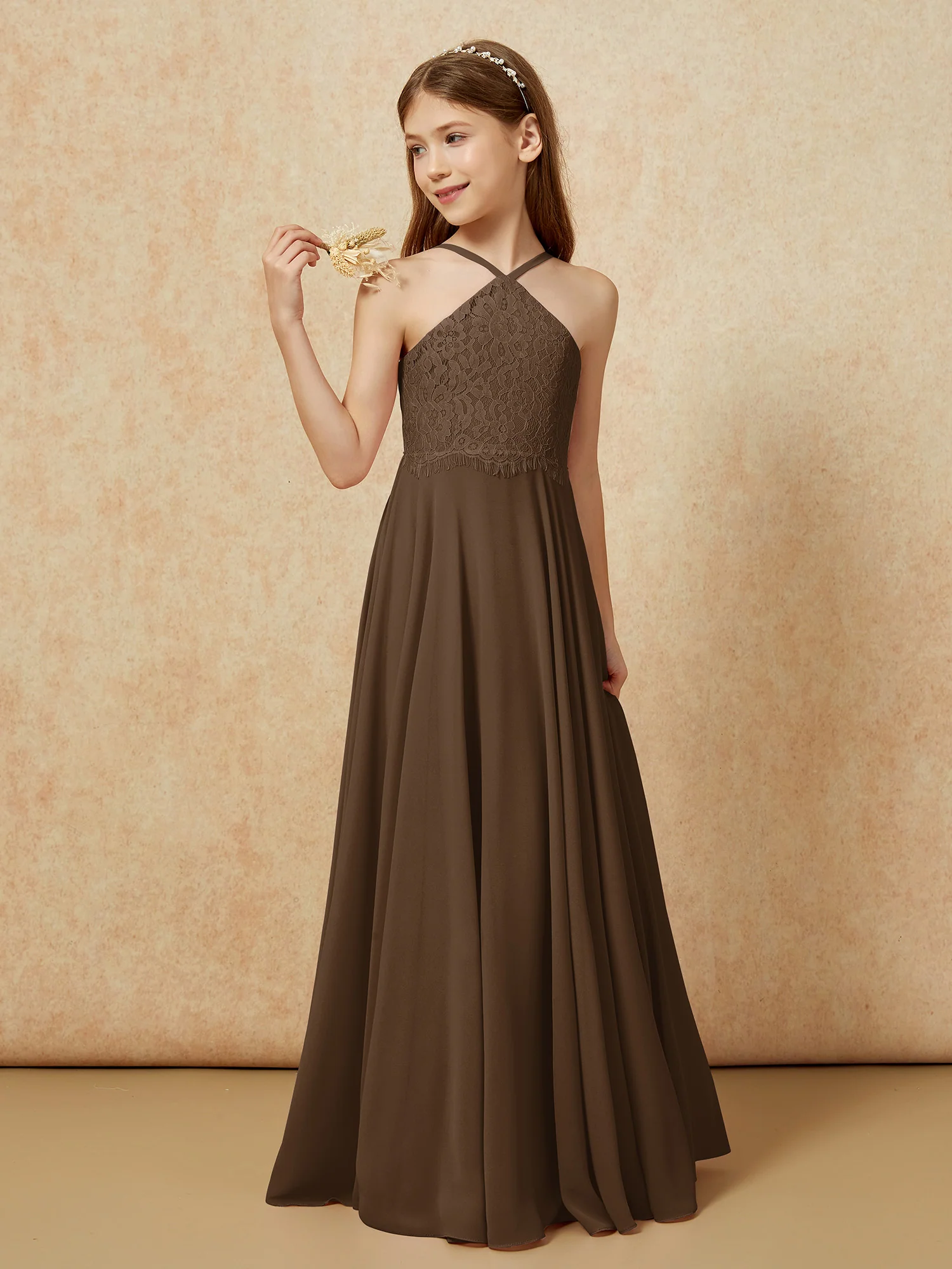 Halter Lace Top Long Chiffon Junior Bridesmaid Dress Brown - Image 3
