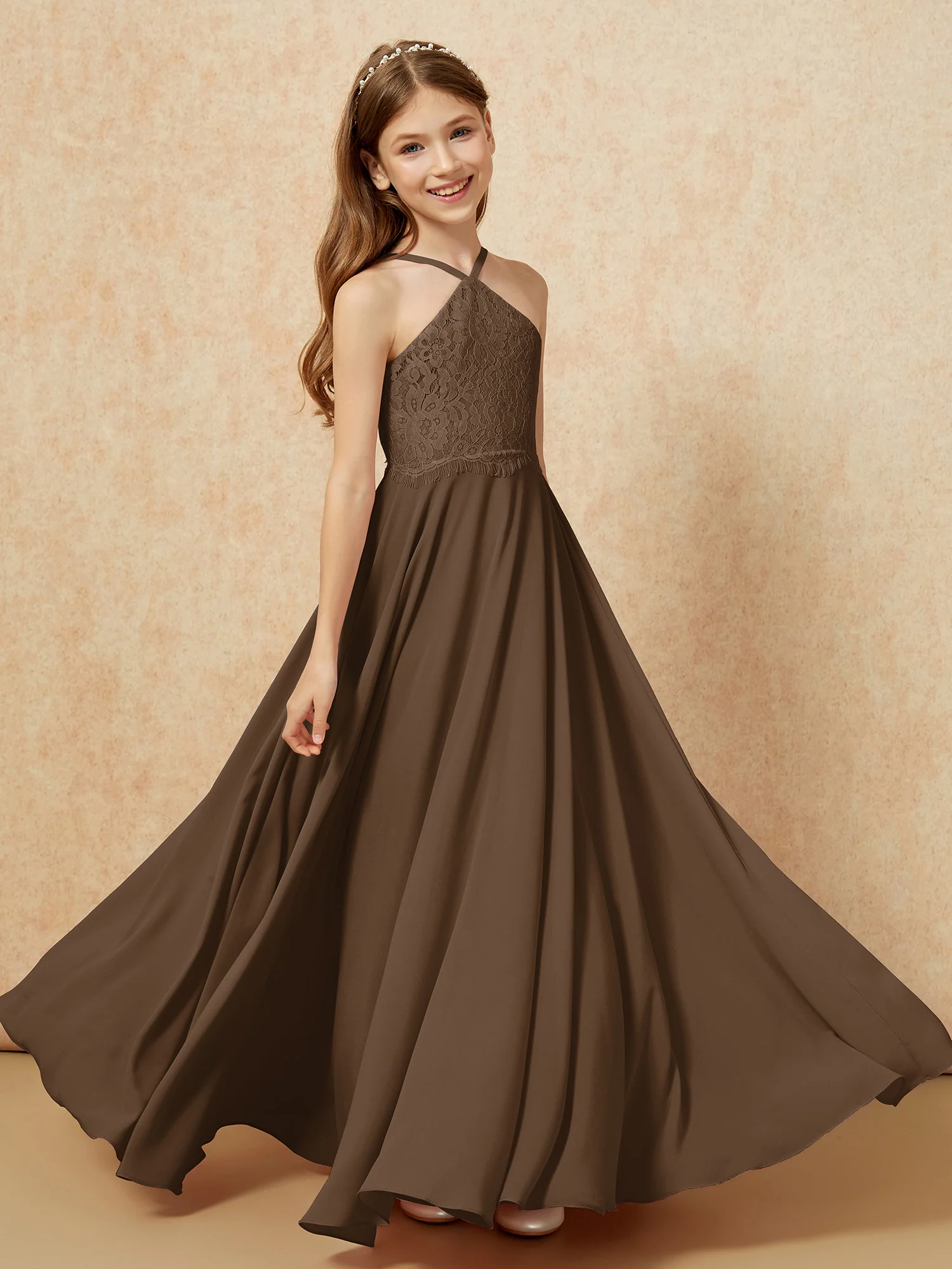 Halter Lace Top Long Chiffon Junior Bridesmaid Dress Brown - Image 4