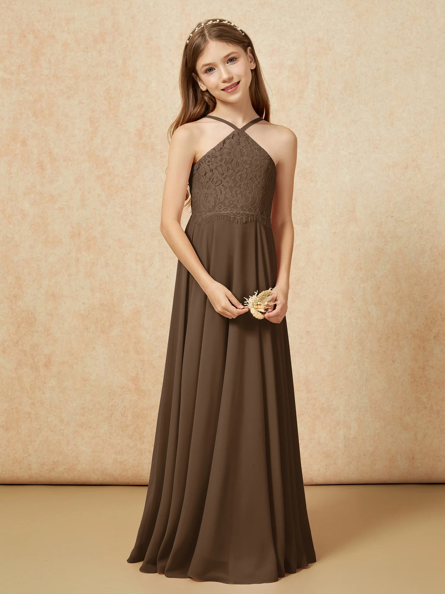 Halter Lace Top Long Chiffon Junior Bridesmaid Dress Brown - Image 5
