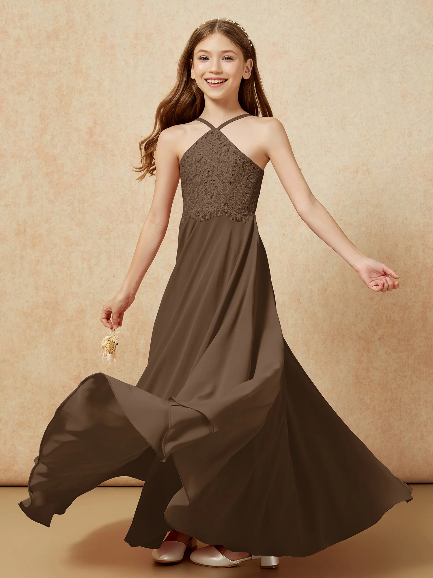 Halter Lace Top Long Chiffon Junior Bridesmaid Dress Brown - Image 6