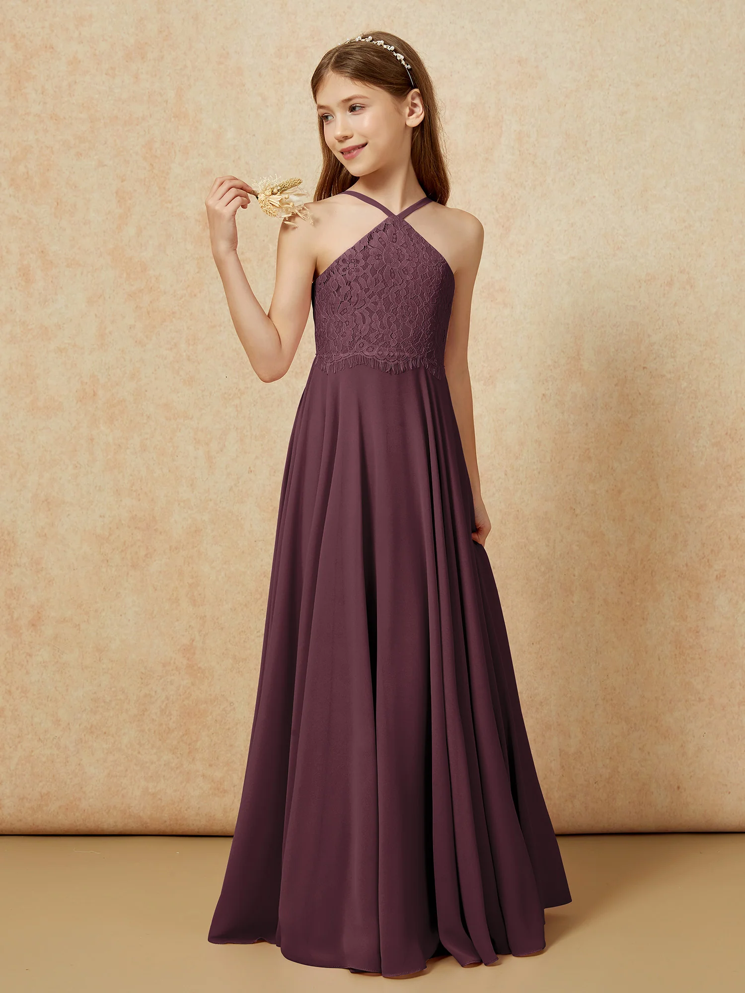 Halter Lace Top Long Chiffon Junior Bridesmaid Dress Cabernet - Image 3