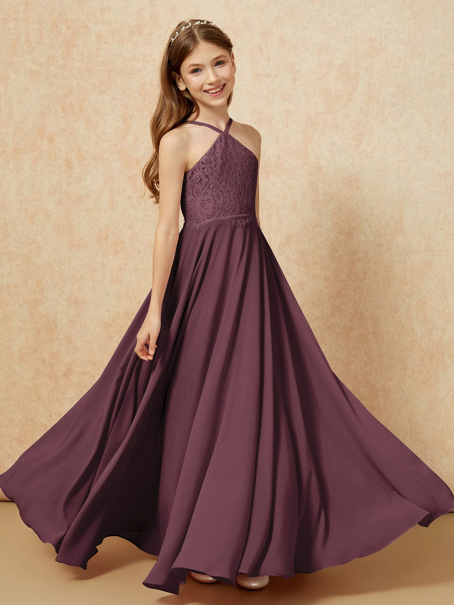 Halter Lace Top Long Chiffon Junior Bridesmaid Dress Cabernet - Image 4