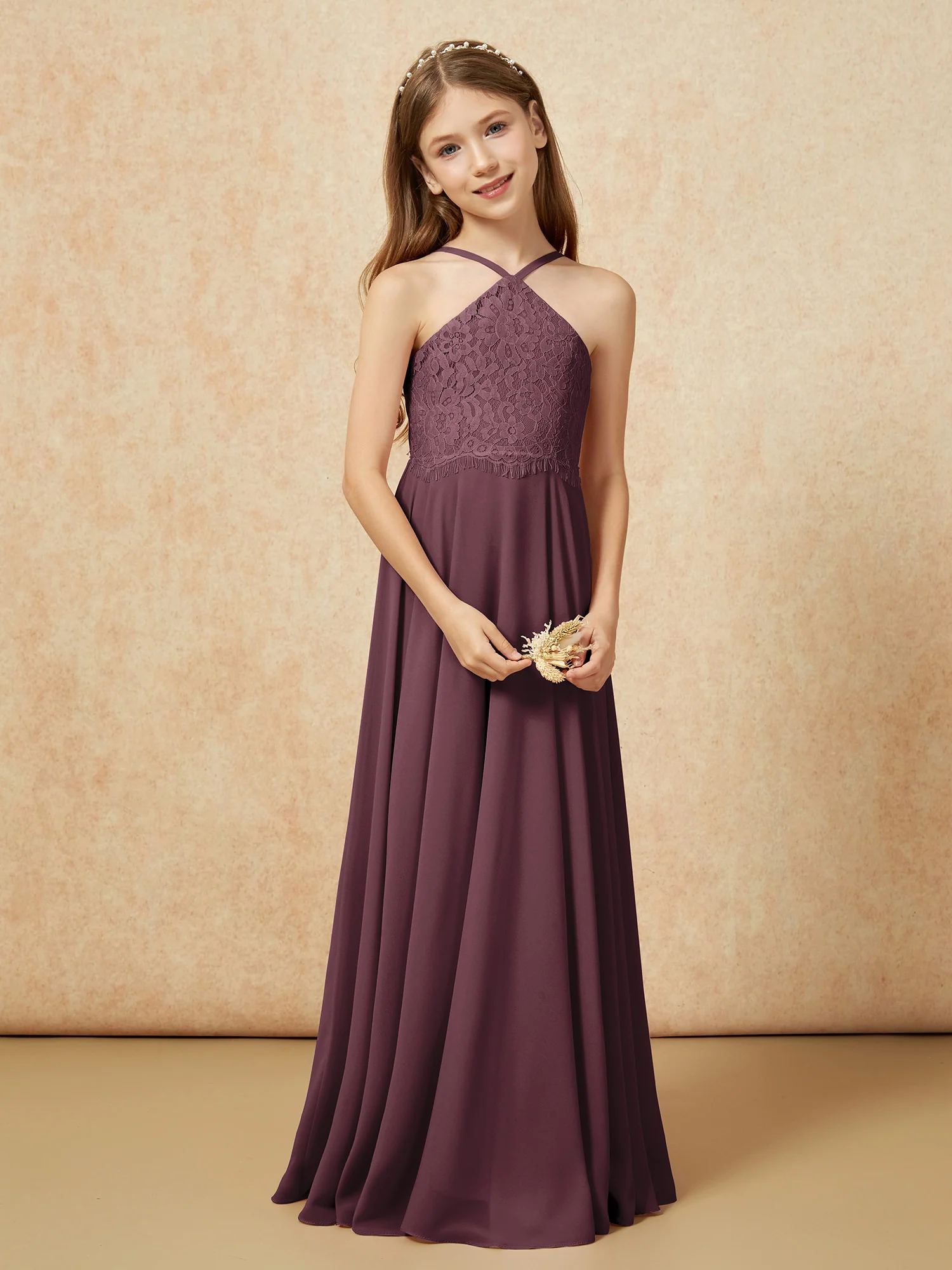 Halter Lace Top Long Chiffon Junior Bridesmaid Dress Cabernet - Image 5