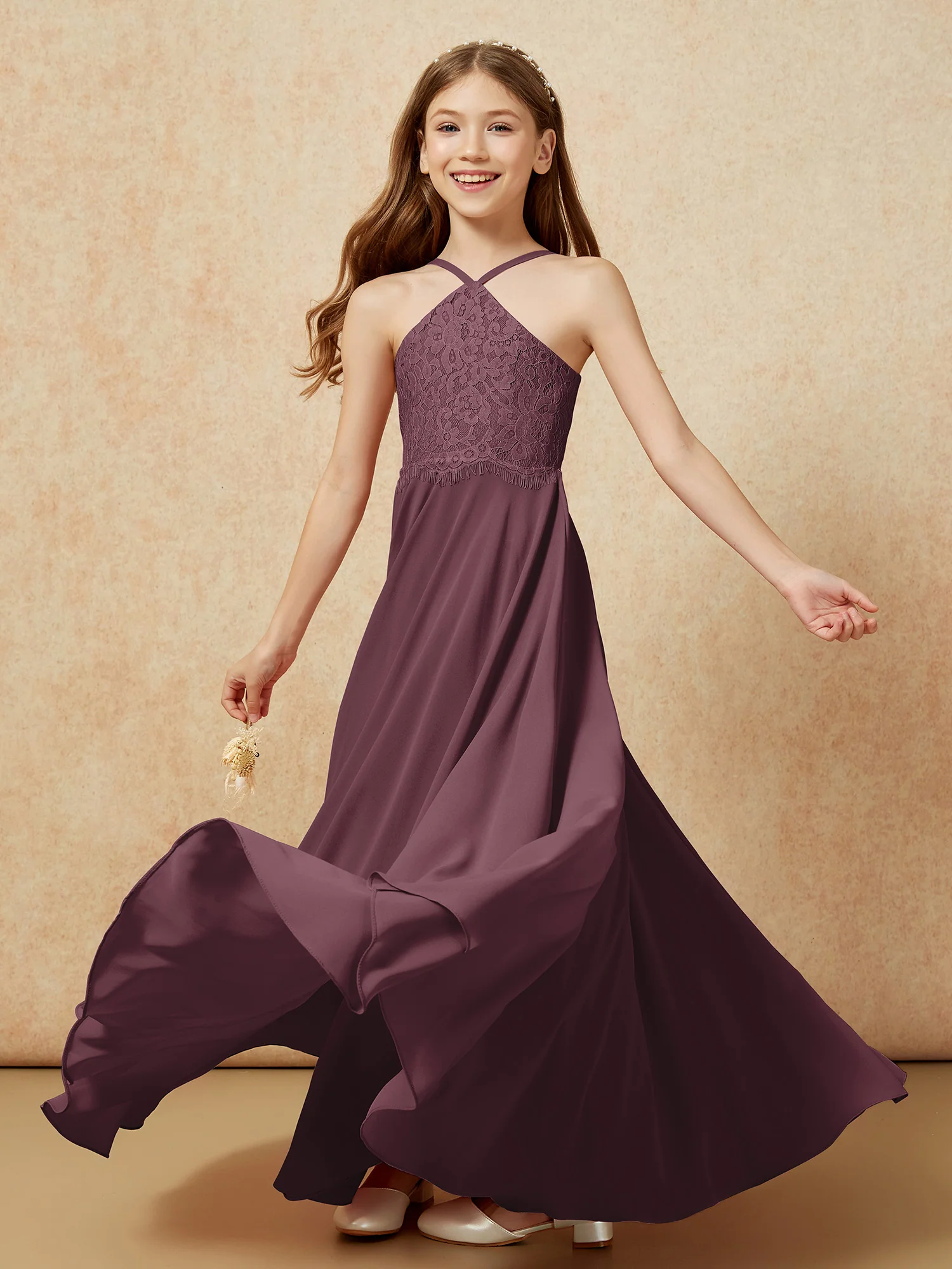 Halter Lace Top Long Chiffon Junior Bridesmaid Dress Cabernet - Image 6