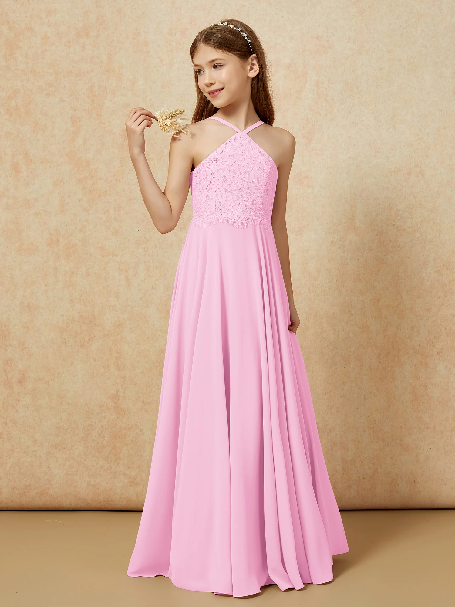 Halter Lace Top Long Chiffon Junior Bridesmaid Dress Candy Pink - Image 3