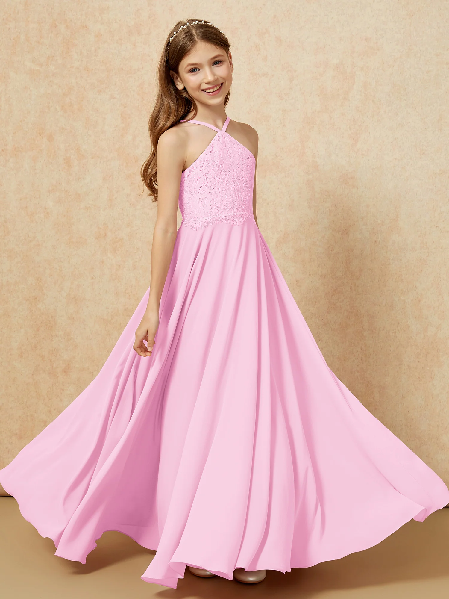 Halter Lace Top Long Chiffon Junior Bridesmaid Dress Candy Pink - Image 4