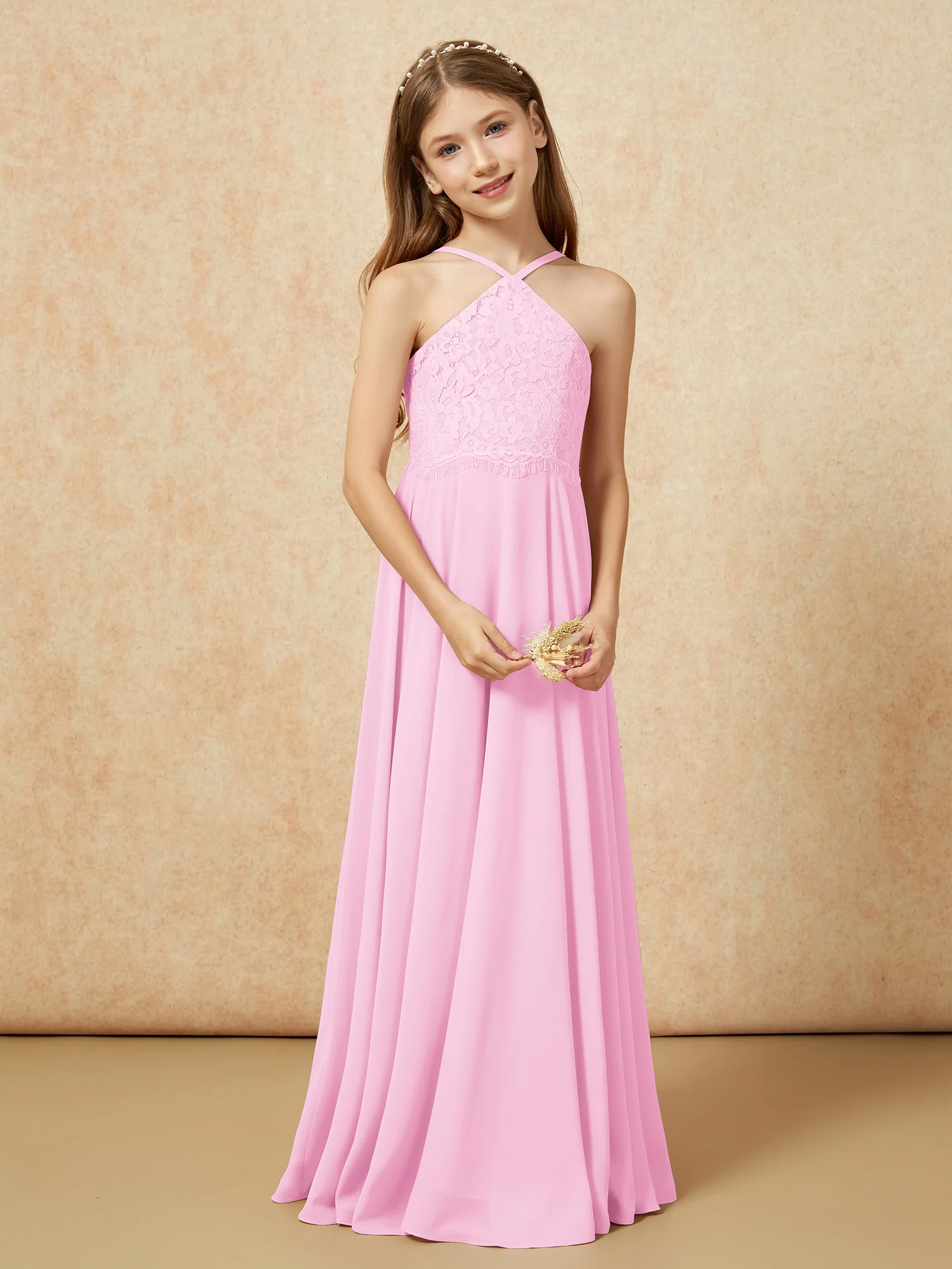 Halter Lace Top Long Chiffon Junior Bridesmaid Dress Candy Pink - Image 5