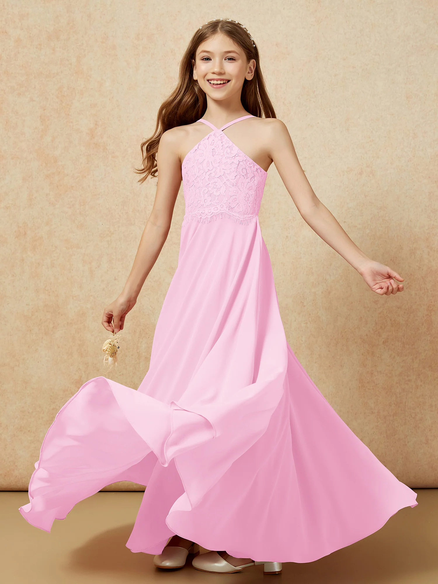 Halter Lace Top Long Chiffon Junior Bridesmaid Dress Candy Pink - Image 6