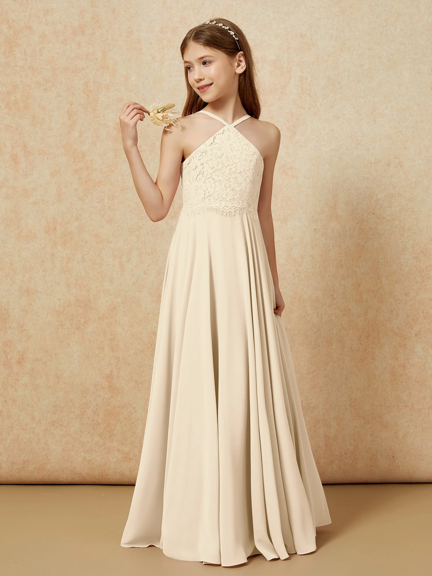 Halter Lace Top Long Chiffon Junior Bridesmaid Dress Champagne - Image 3