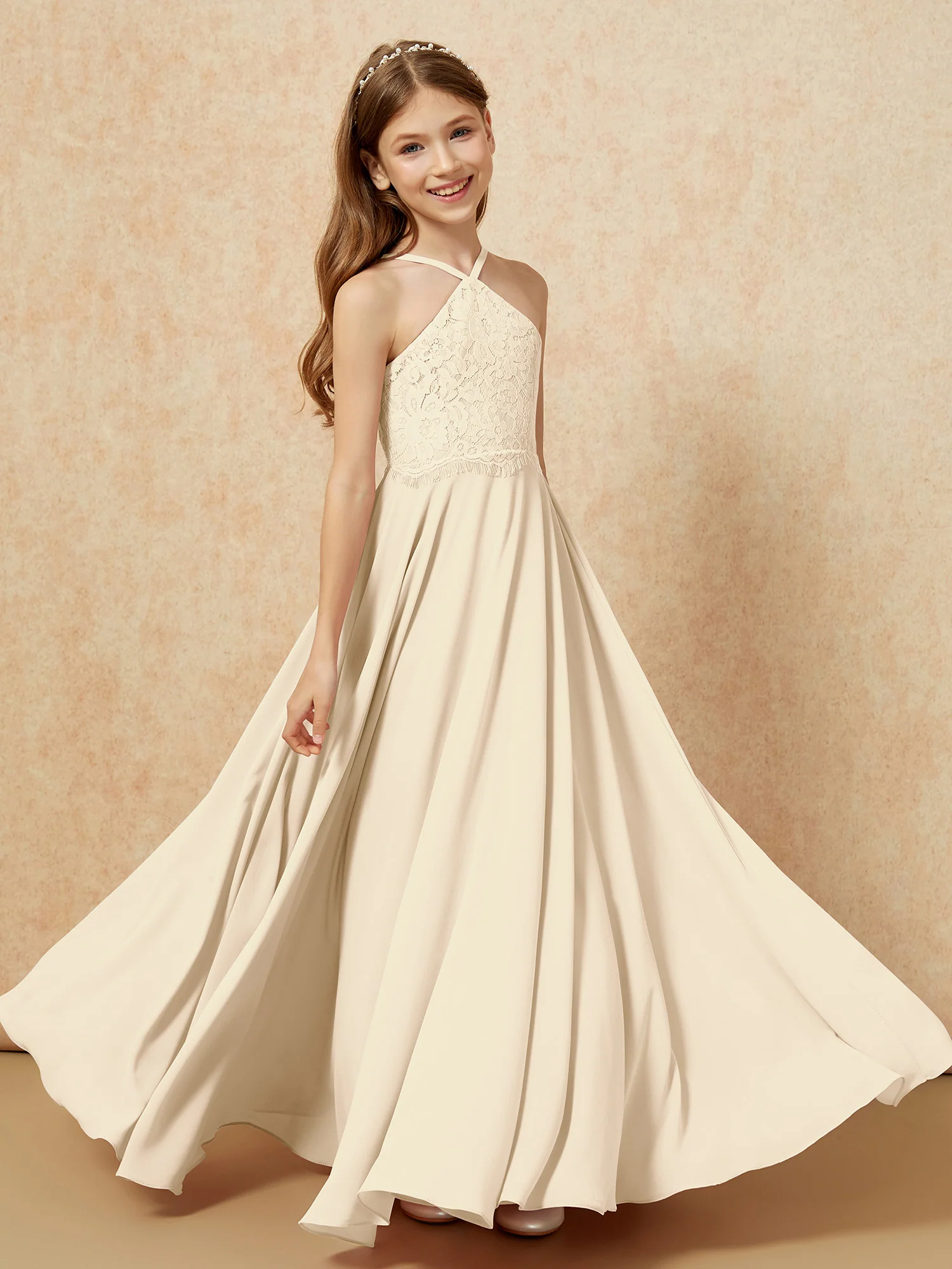 Halter Lace Top Long Chiffon Junior Bridesmaid Dress Champagne - Image 4