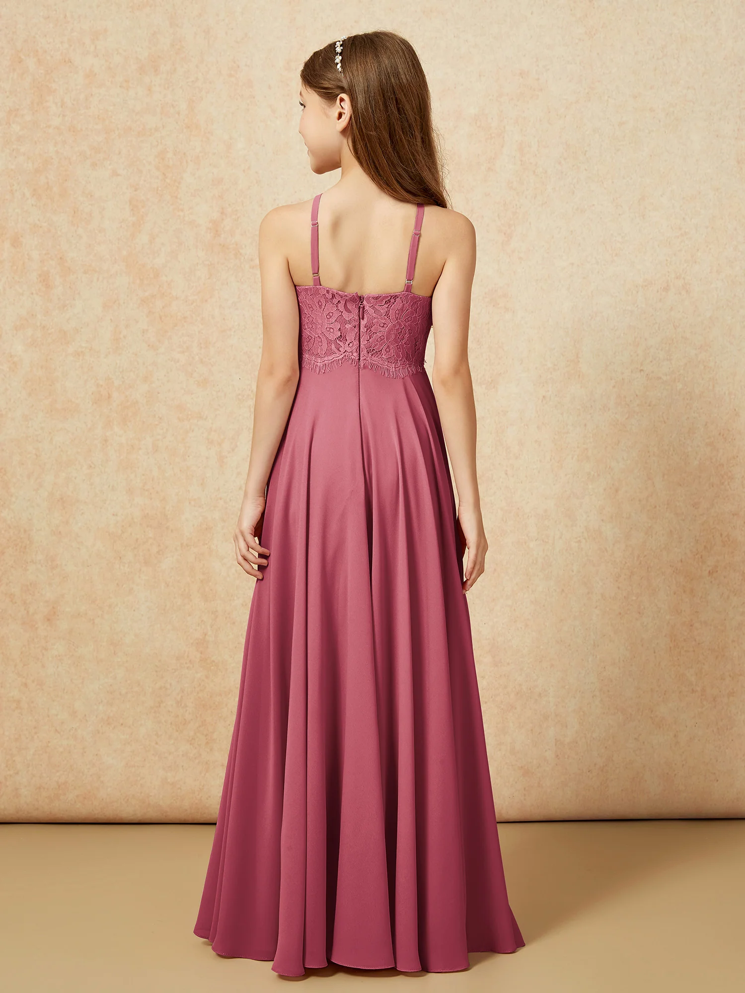 Halter Lace Top Long Chiffon Junior Bridesmaid Dress Cinnamon Rose - Image 2