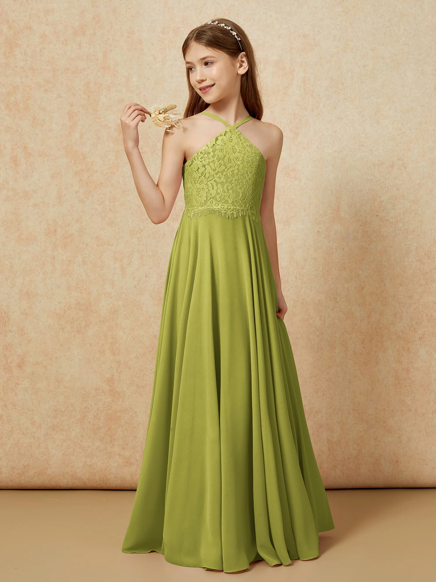Halter Lace Top Long Chiffon Junior Bridesmaid Dress Clover - Image 3