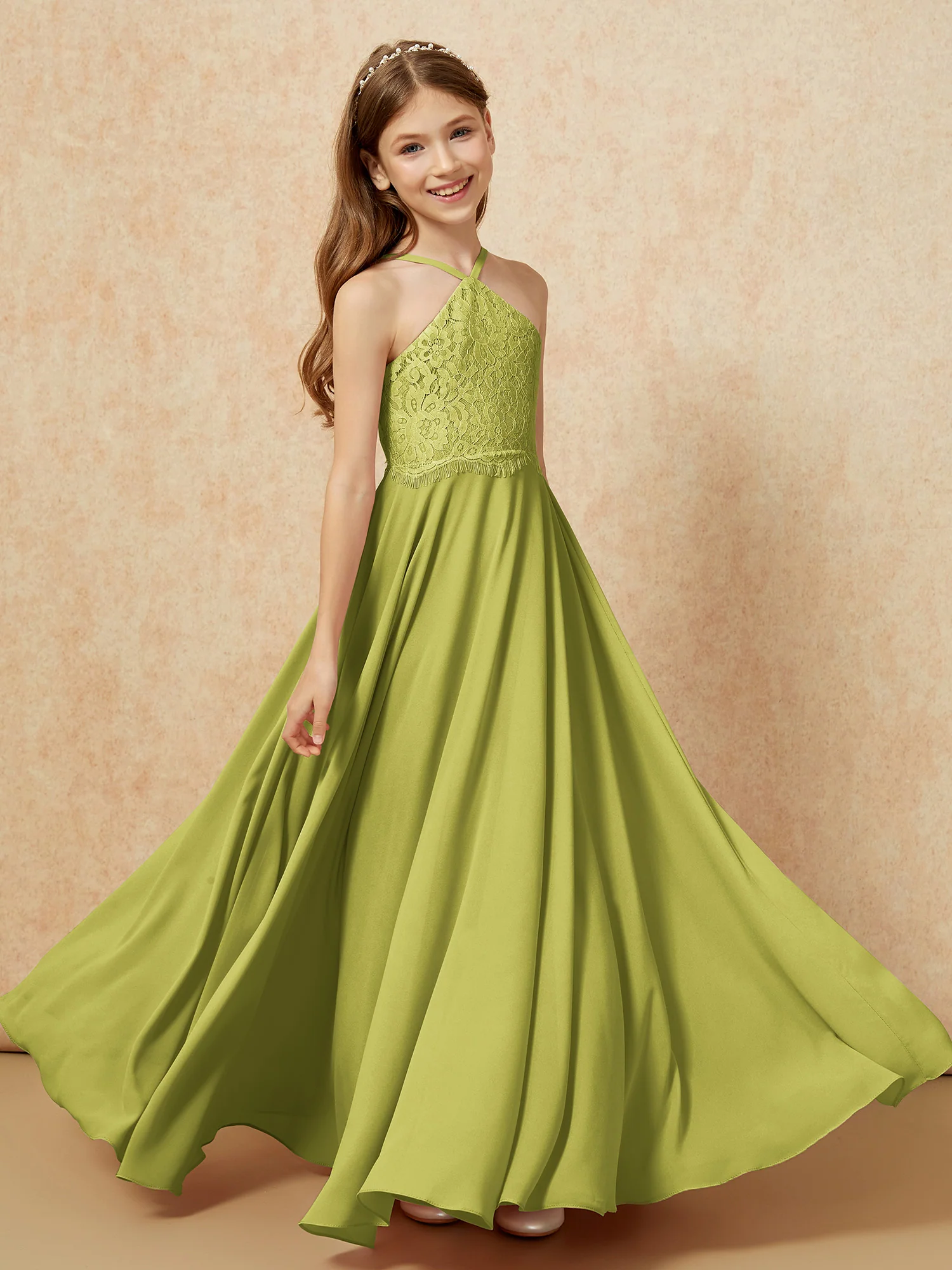 Halter Lace Top Long Chiffon Junior Bridesmaid Dress Clover - Image 4