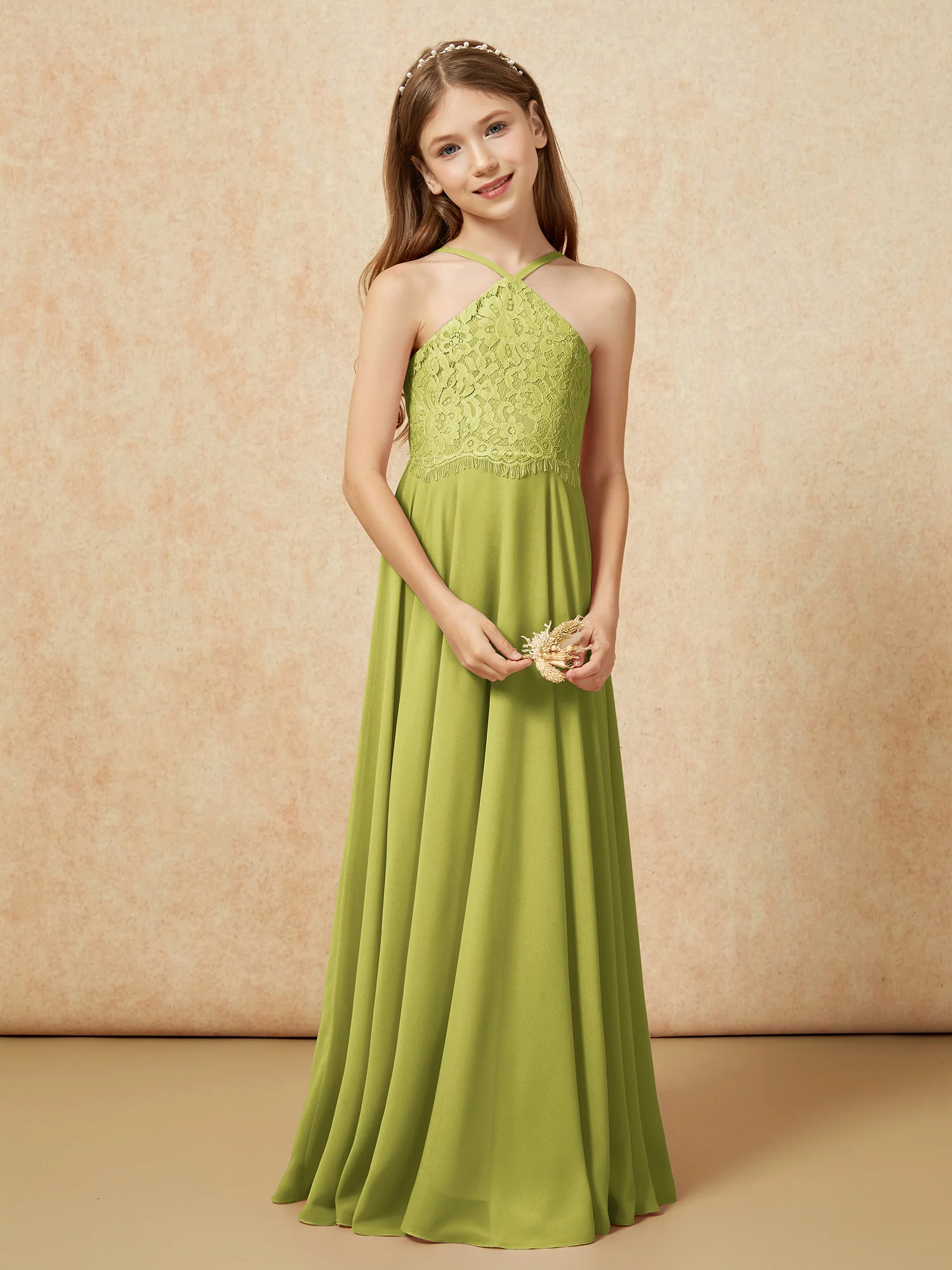 Halter Lace Top Long Chiffon Junior Bridesmaid Dress Clover - Image 5