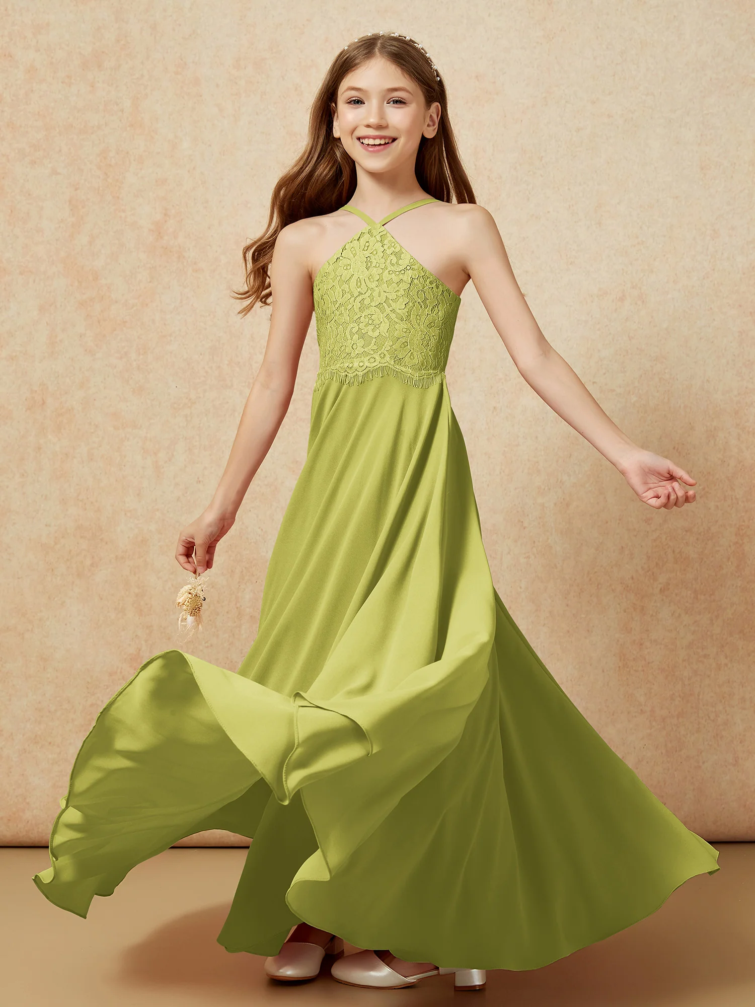 Halter Lace Top Long Chiffon Junior Bridesmaid Dress Clover - Image 6