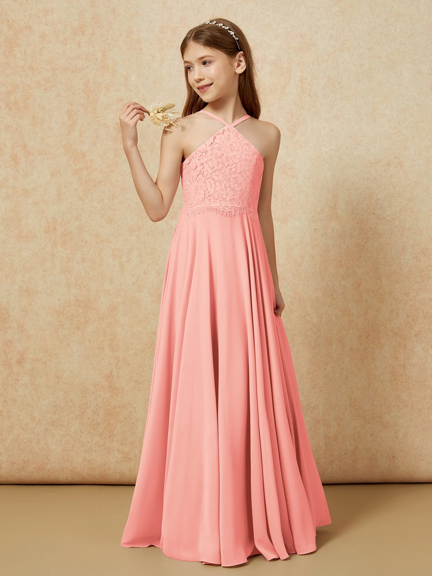 Halter Lace Top Long Chiffon Junior Bridesmaid Dress Coral - Image 3
