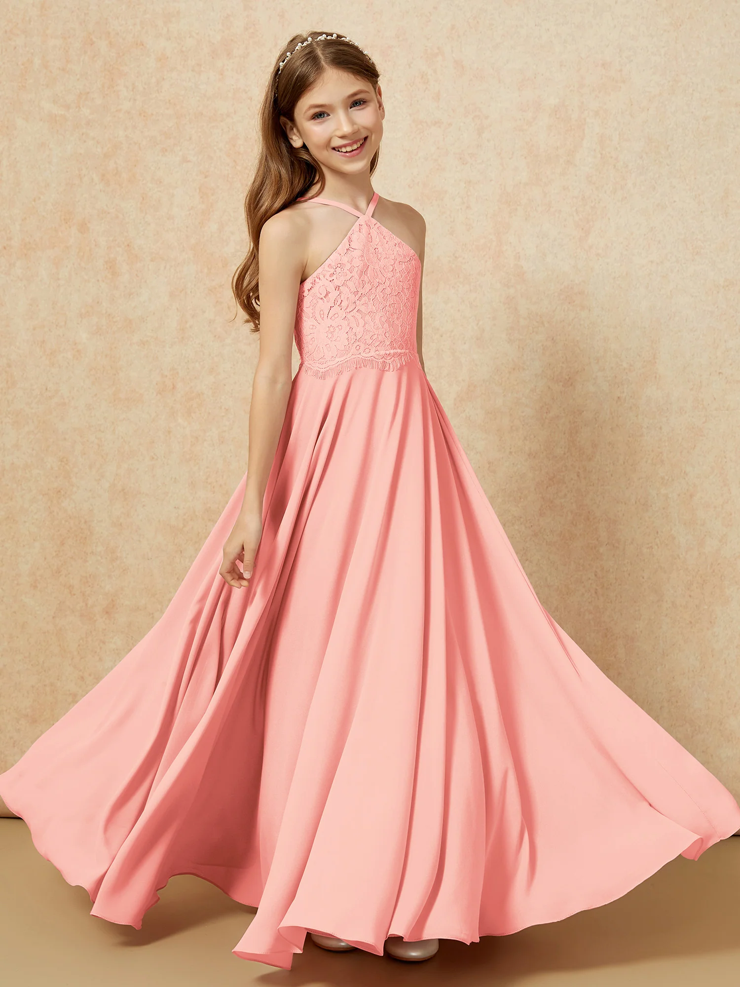 Halter Lace Top Long Chiffon Junior Bridesmaid Dress Coral - Image 4