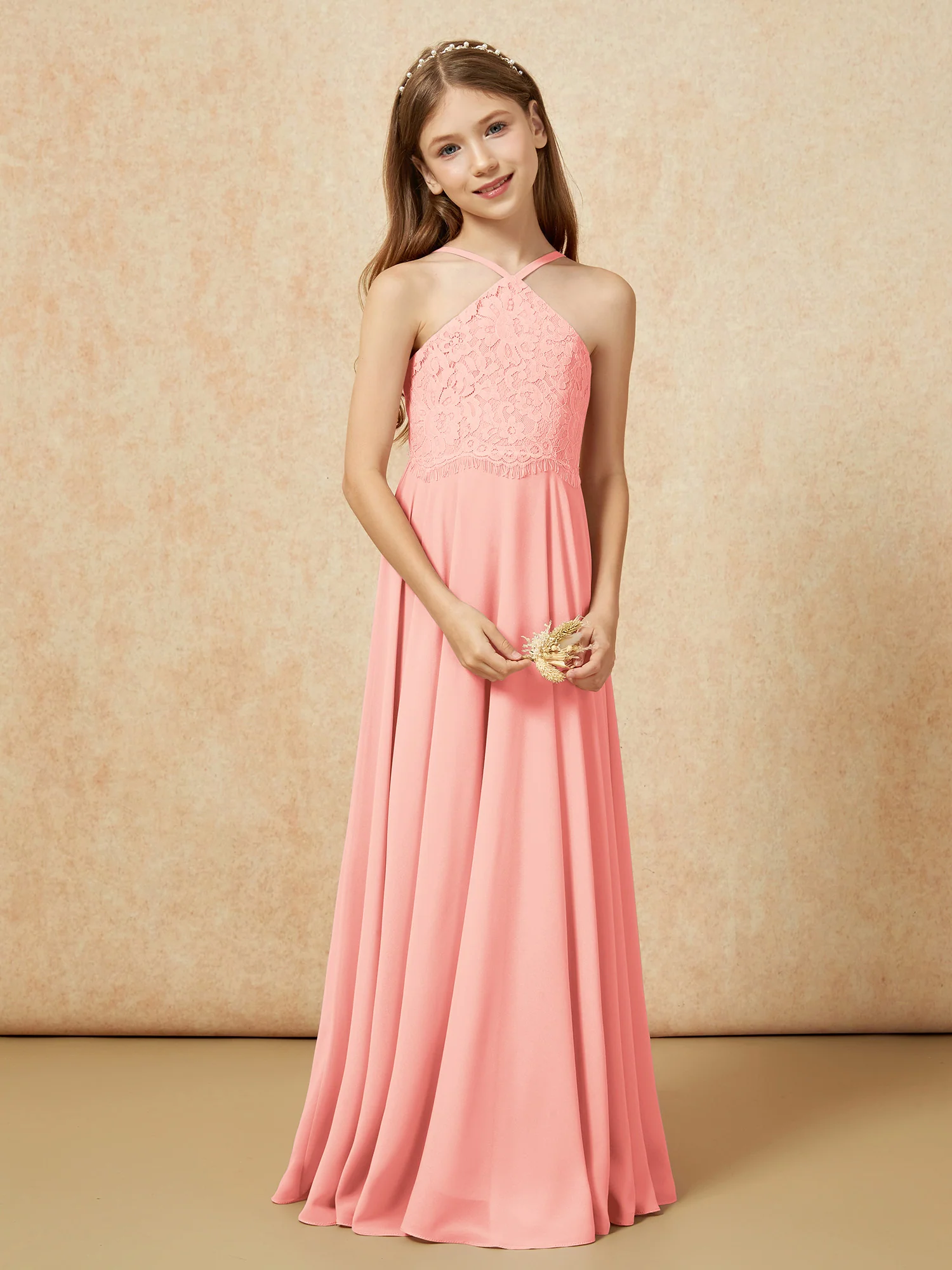 Halter Lace Top Long Chiffon Junior Bridesmaid Dress Coral - Image 5