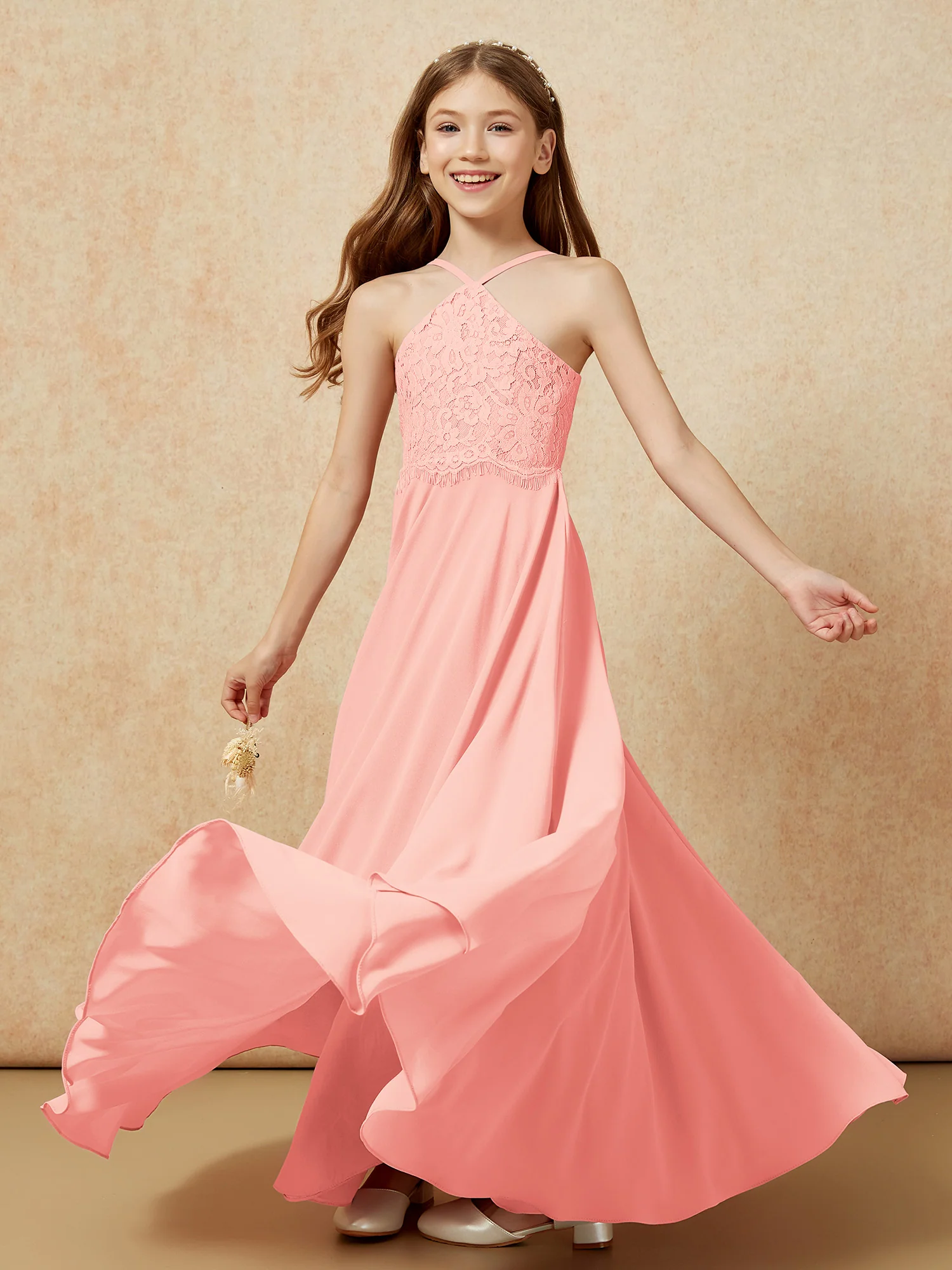 Halter Lace Top Long Chiffon Junior Bridesmaid Dress Coral - Image 6