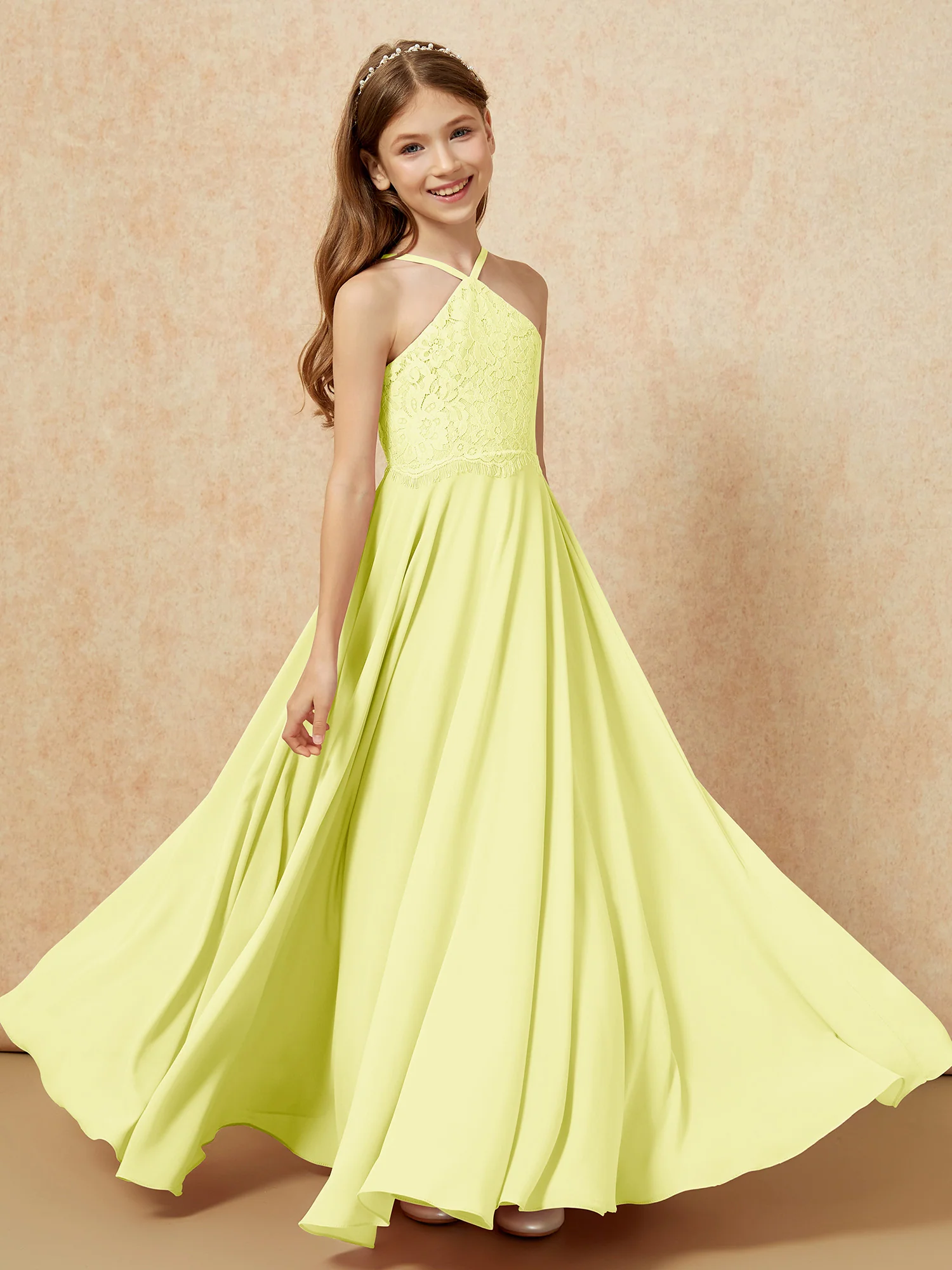 Halter Lace Top Long Chiffon Junior Bridesmaid Dress Daffodil - Image 4
