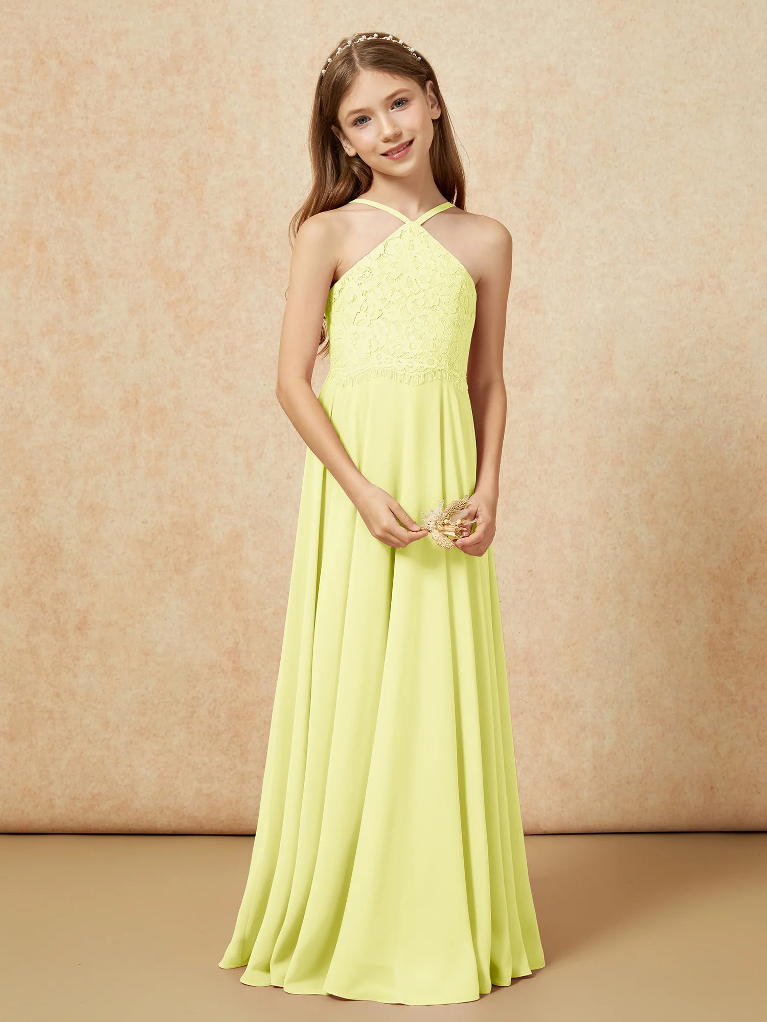 Halter Lace Top Long Chiffon Junior Bridesmaid Dress Daffodil - Image 5