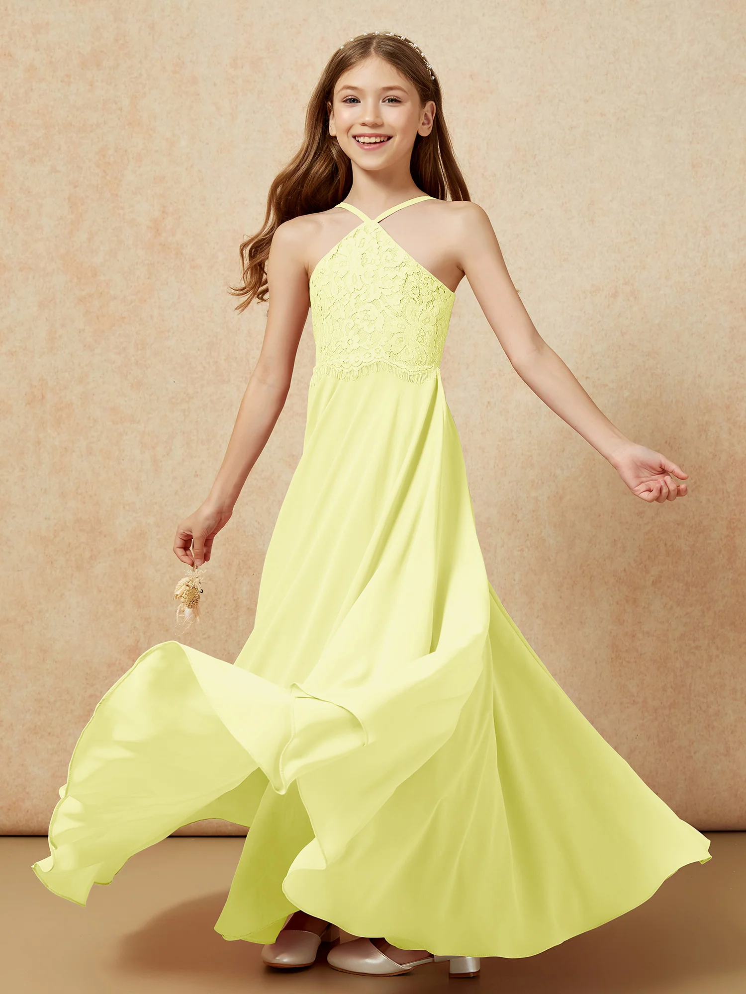 Halter Lace Top Long Chiffon Junior Bridesmaid Dress Daffodil - Image 6