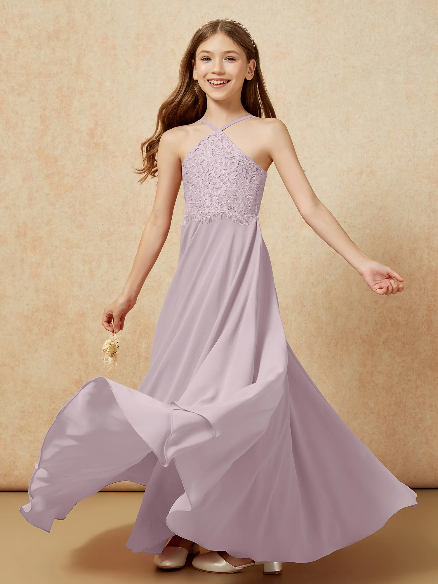 Halter Lace Top Long Chiffon Junior Bridesmaid Dress Dusk - Image 6