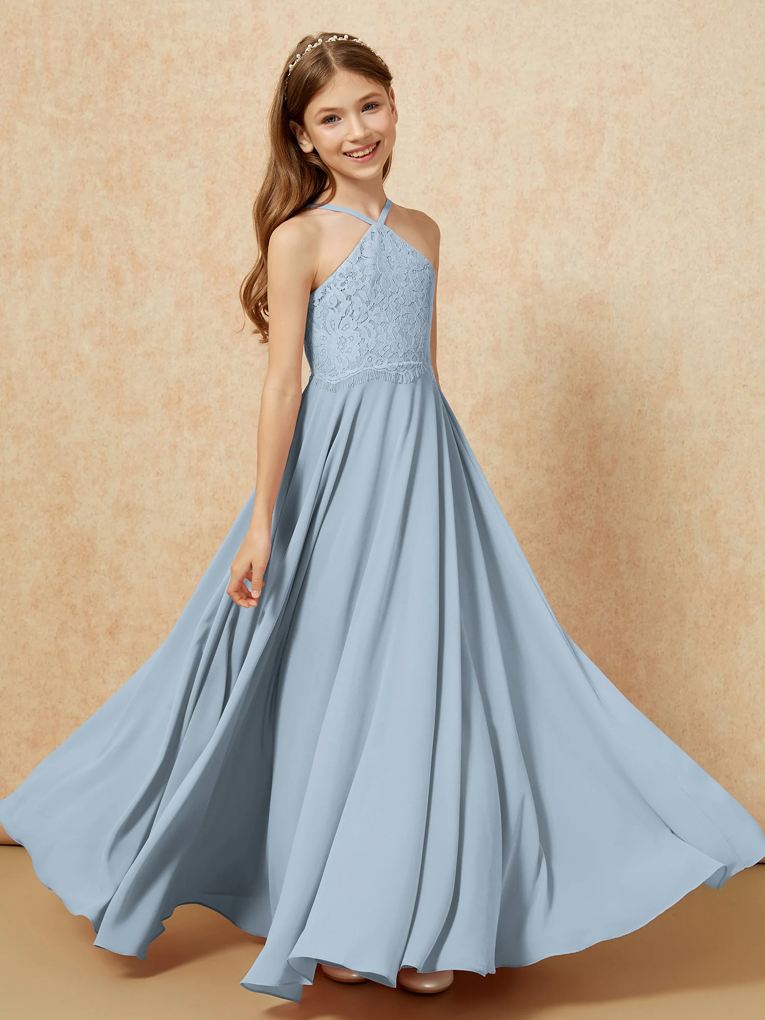 Halter Lace Top Long Chiffon Junior Bridesmaid Dress Dusty Blue - Image 4
