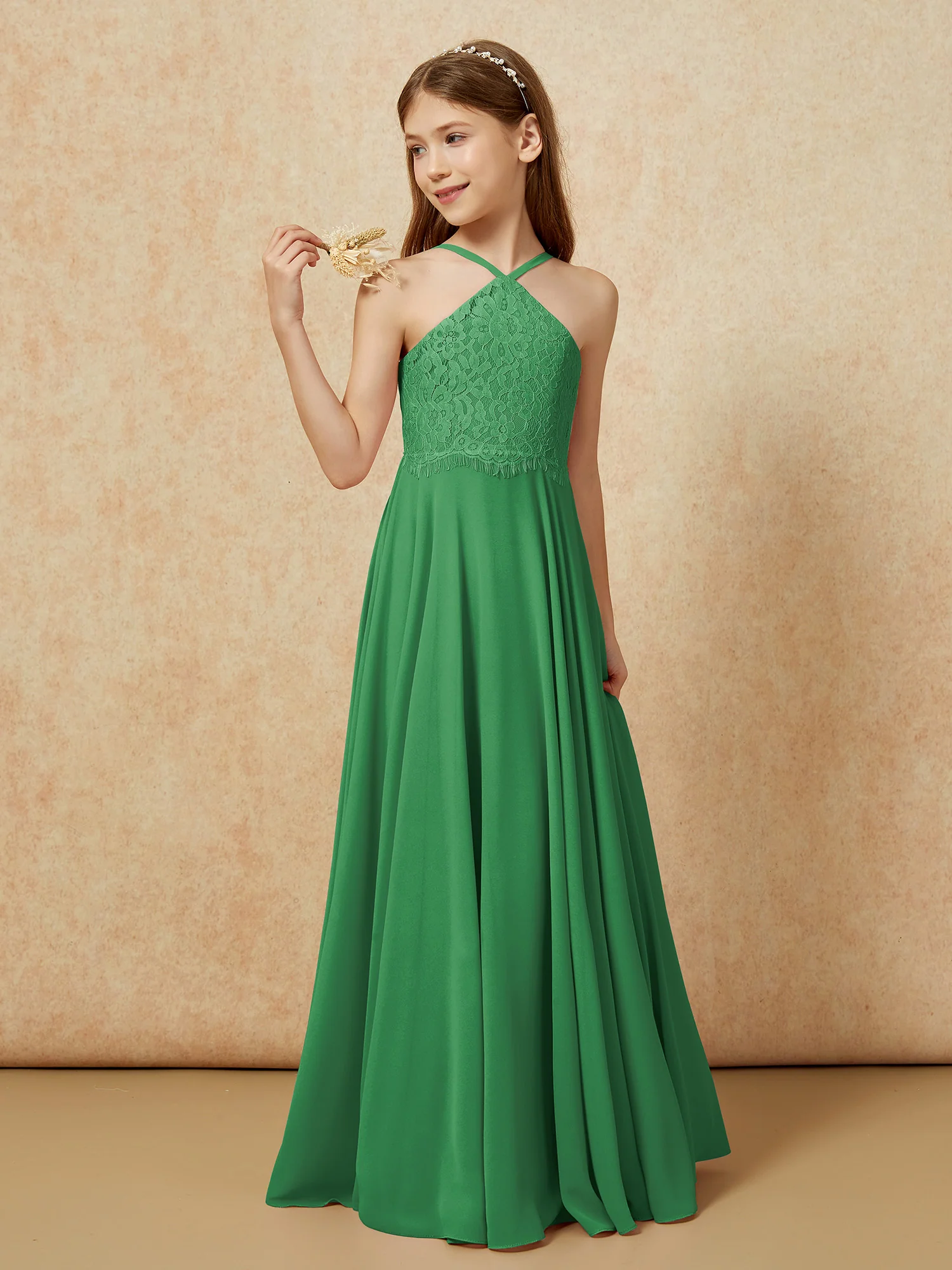 Halter Lace Top Long Chiffon Junior Bridesmaid Dress Emerald - Image 3