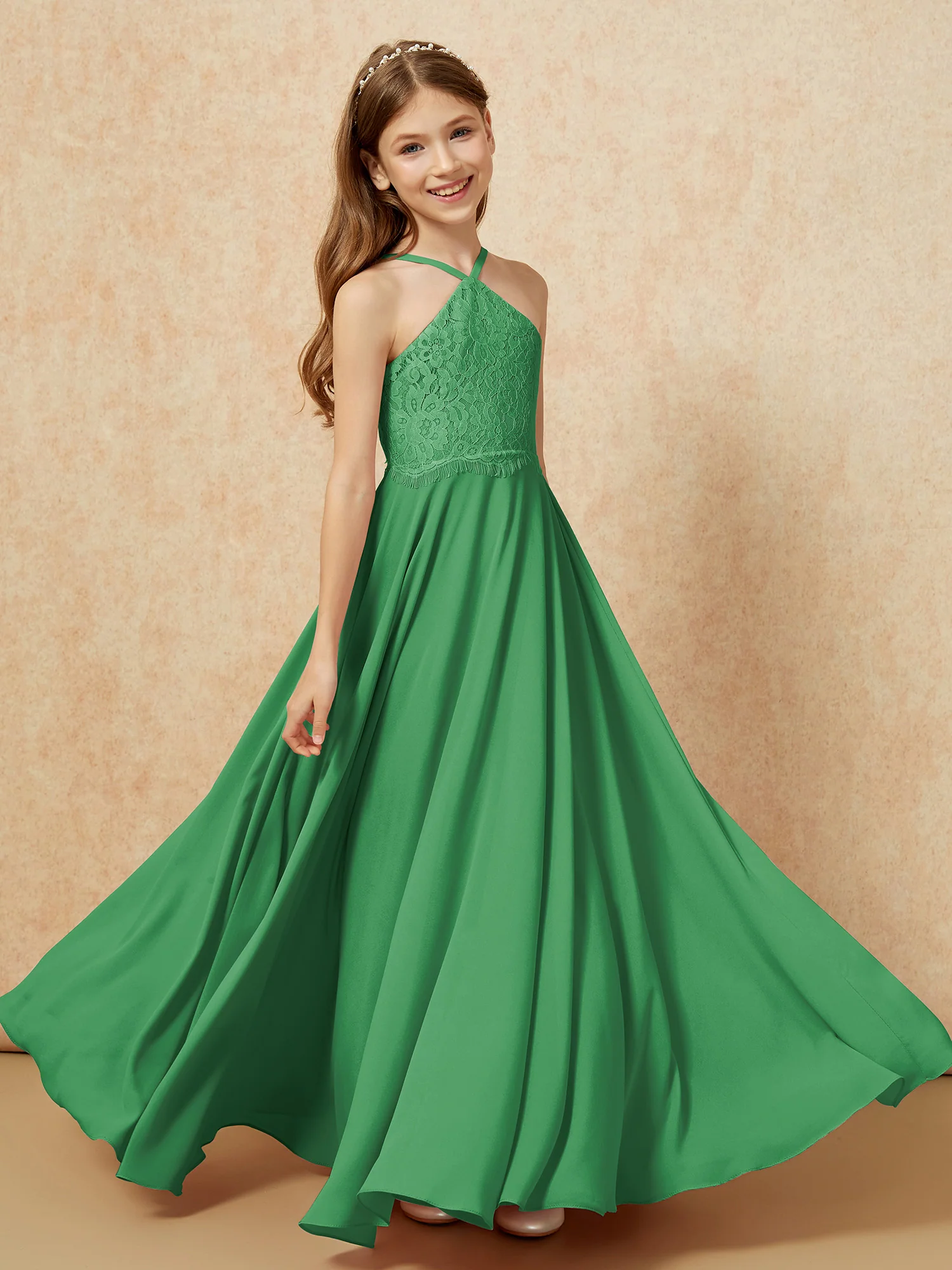 Halter Lace Top Long Chiffon Junior Bridesmaid Dress Emerald - Image 4
