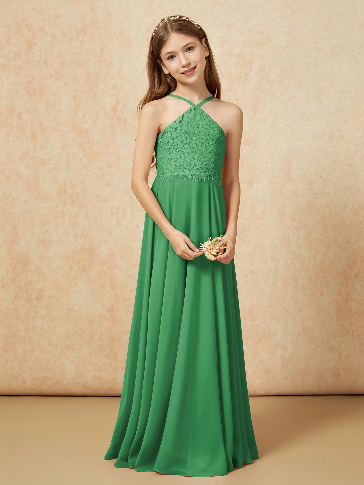 Halter Lace Top Long Chiffon Junior Bridesmaid Dress Emerald - Image 5