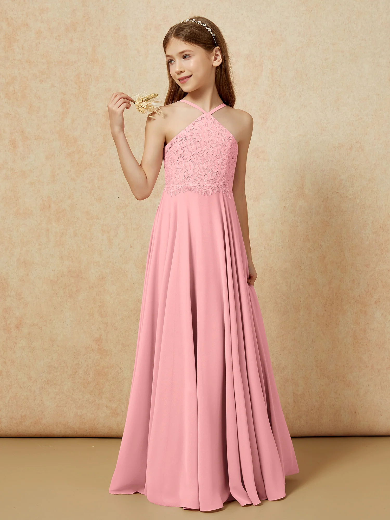 Halter Lace Top Long Chiffon Junior Bridesmaid Dress Flamingo - Image 3