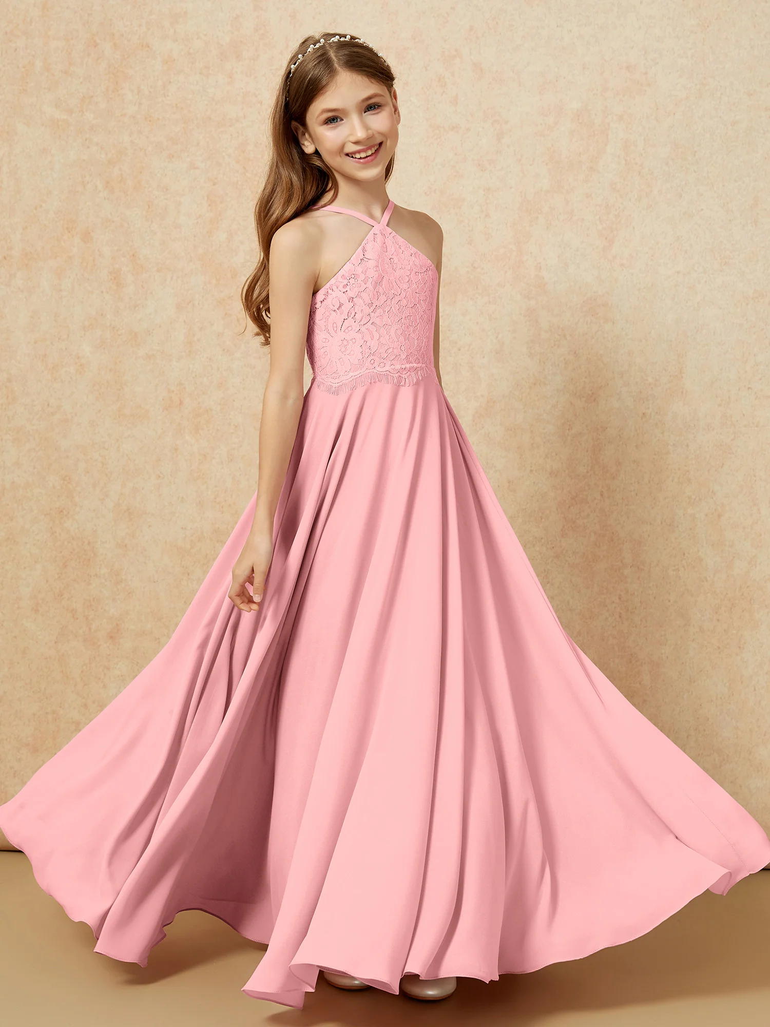 Halter Lace Top Long Chiffon Junior Bridesmaid Dress Flamingo - Image 4